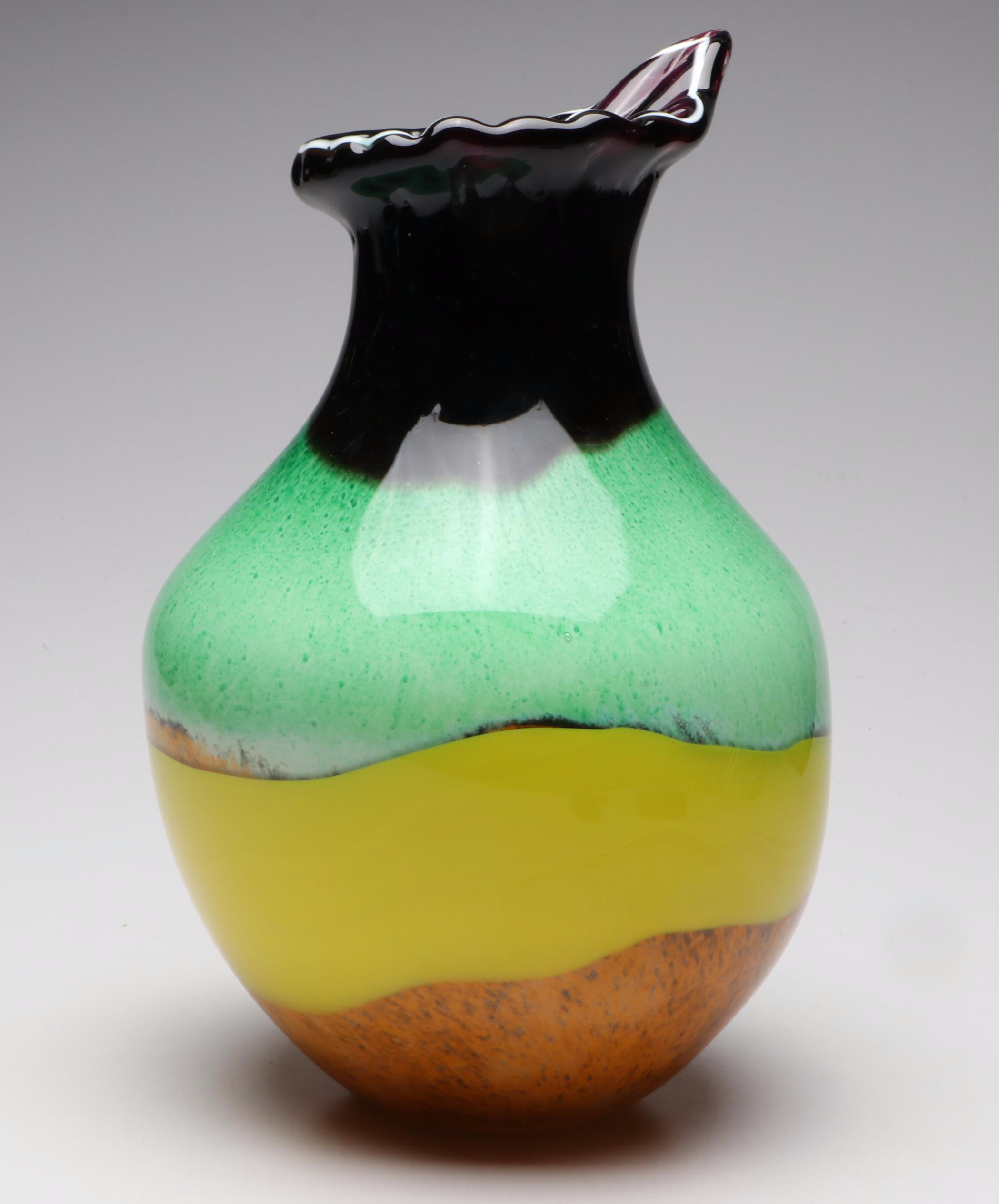 Handblown Multicolor Art Glass Vase with Pulled Rim