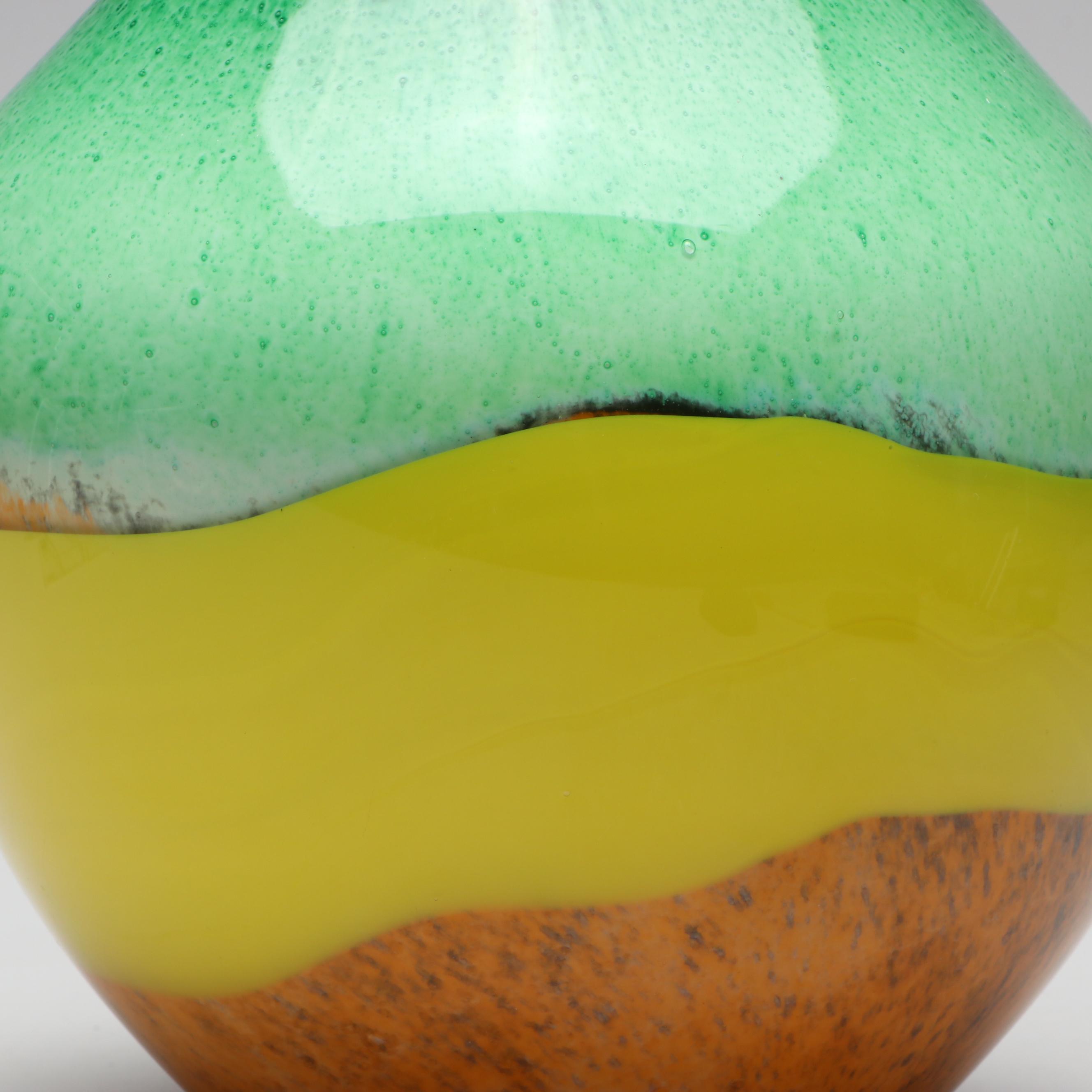 Handblown Multicolor Art Glass Vase with Pulled Rim