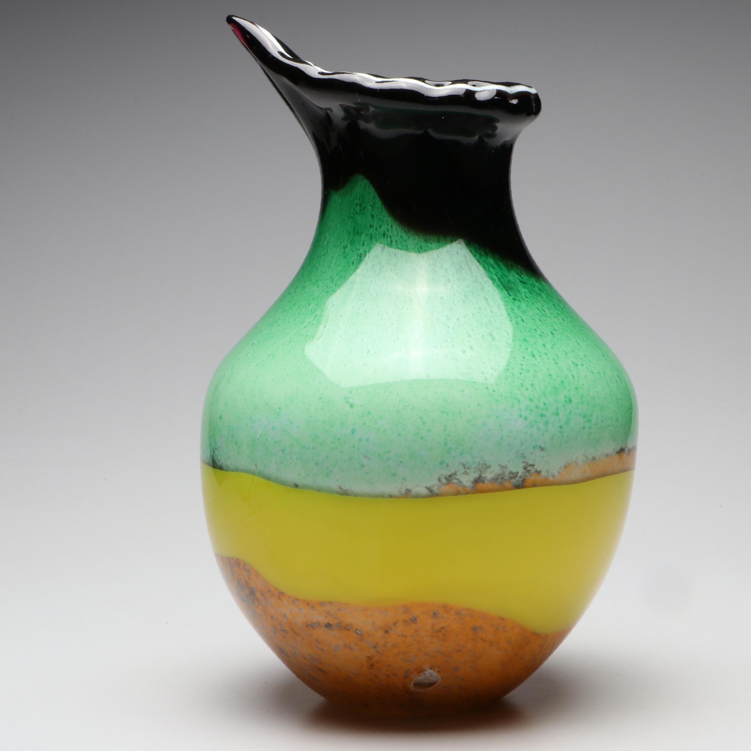 Handblown Multicolor Art Glass Vase with Pulled Rim