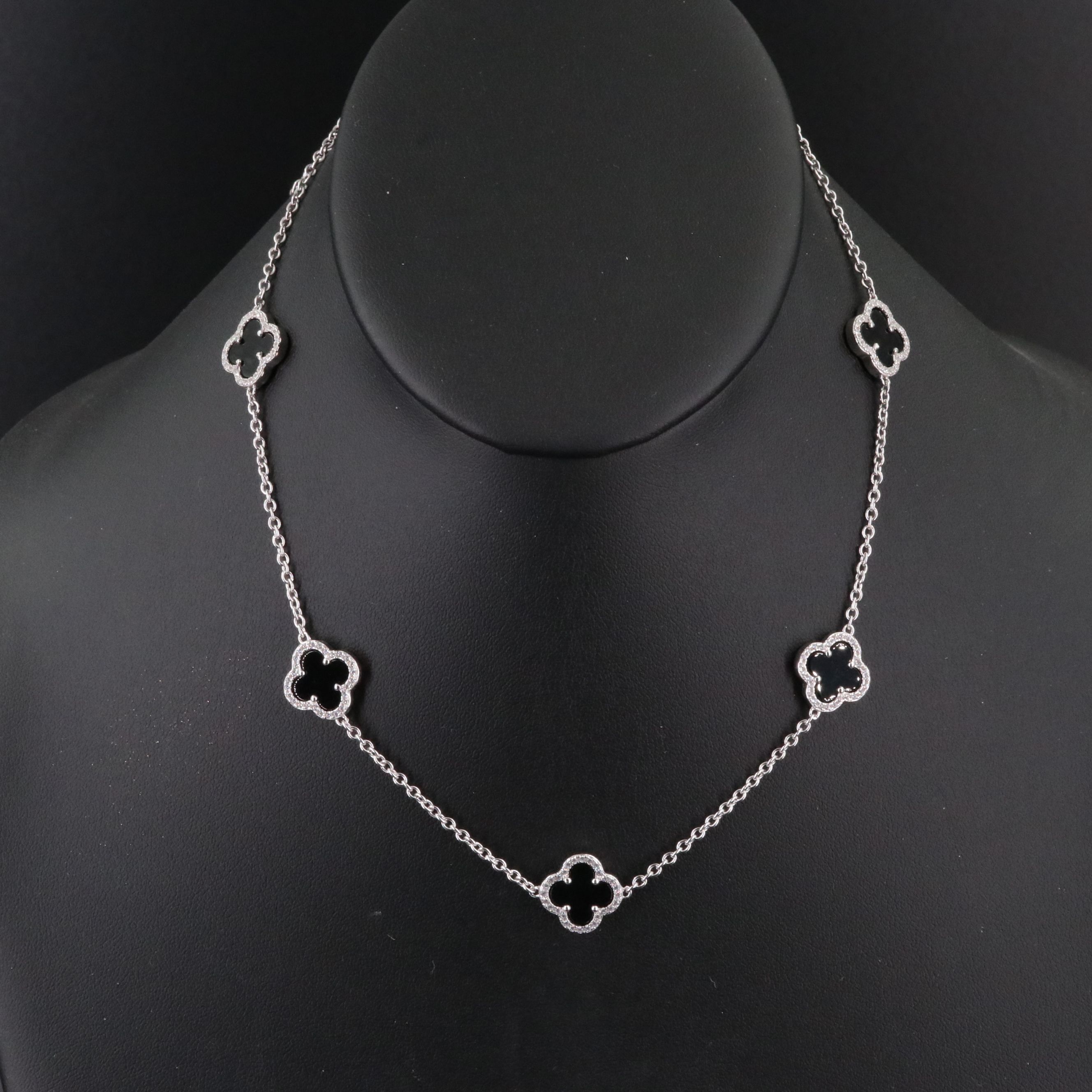 Sterling Black Onyx and and CZ Five Motif Quatrefoil Necklace