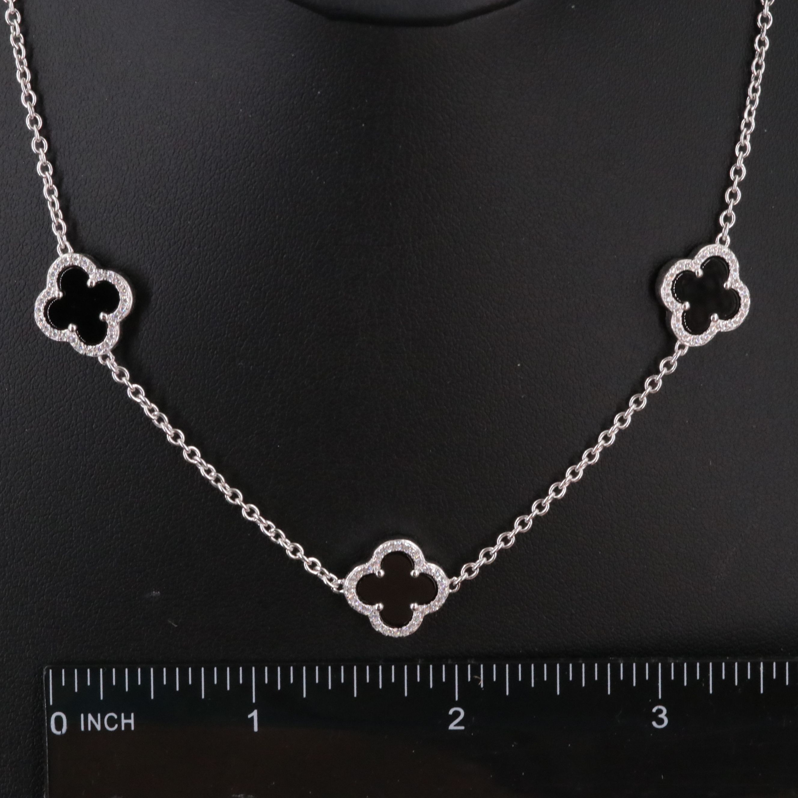 Sterling Black Onyx and and CZ Five Motif Quatrefoil Necklace