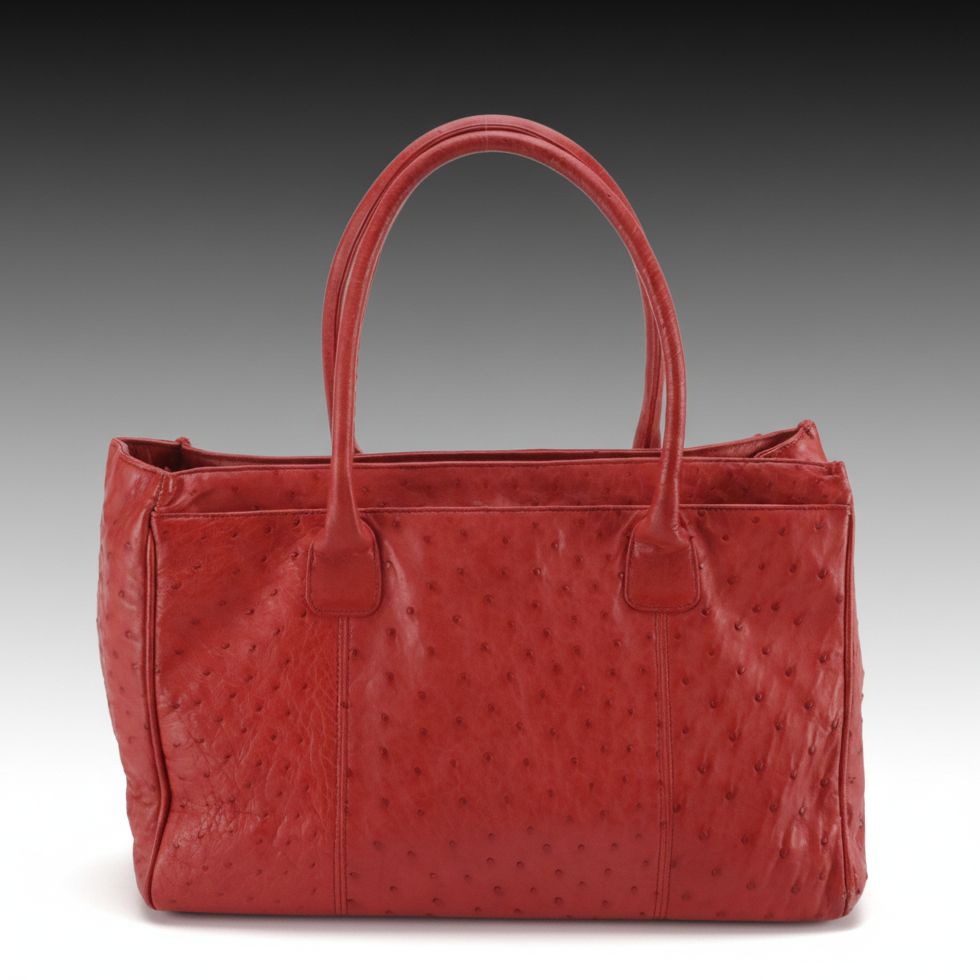 Red Ostrich Leather Tote Bag