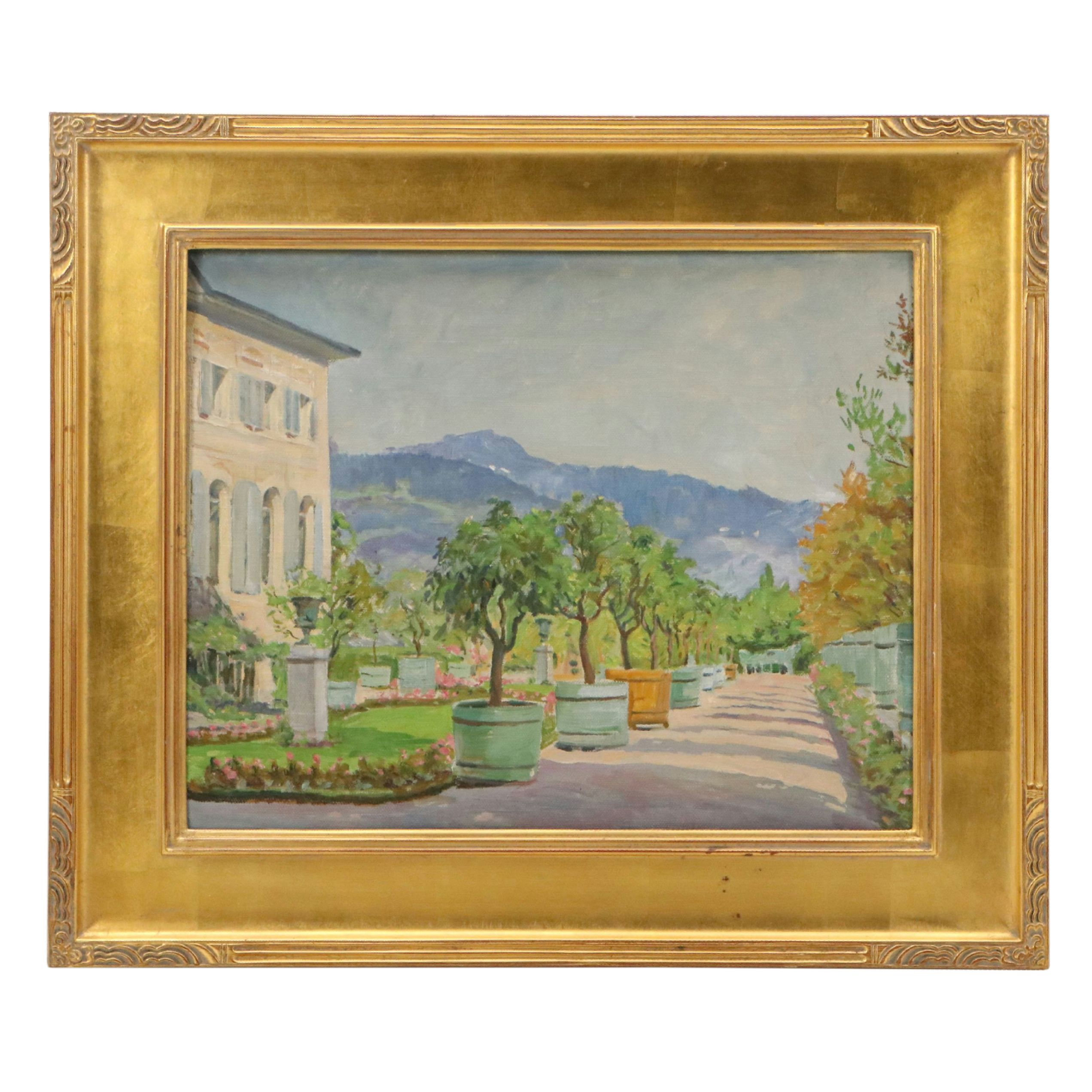 Max Bezner Oil Painting of Courtyard Scene, Early/Mid-20th Century