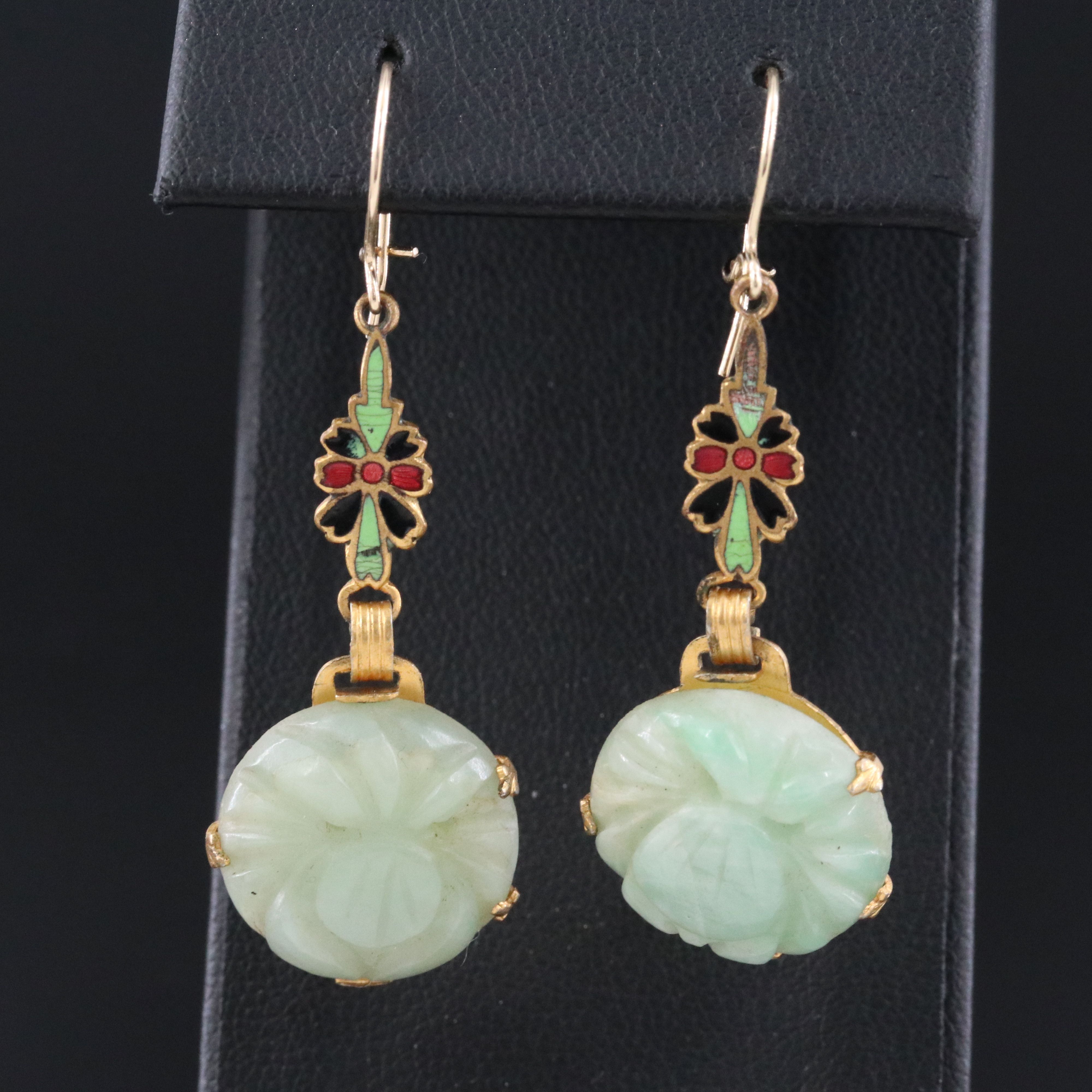 Cloisonné and Carved Jadeite Earrings with 14K Ear Wires