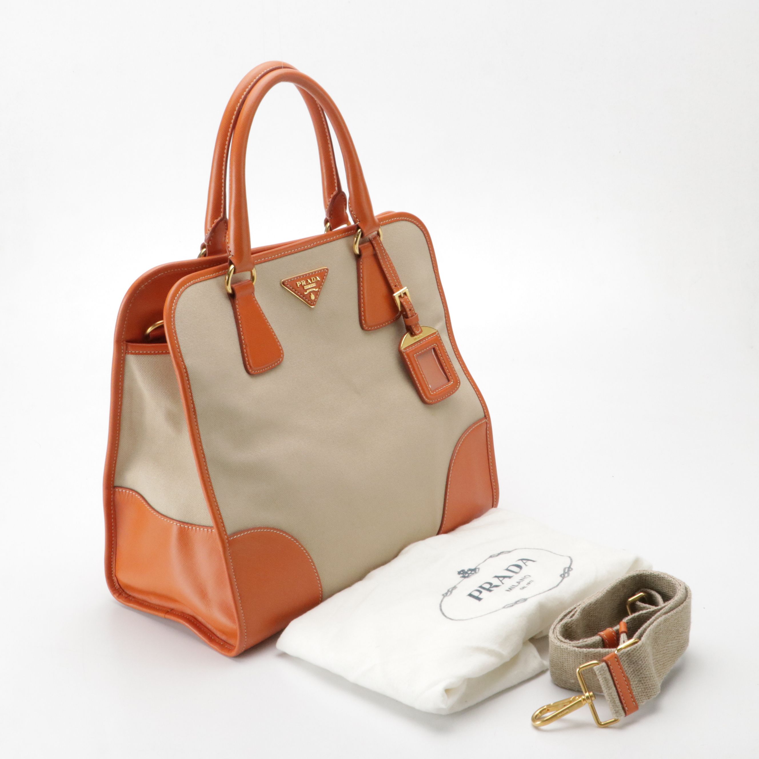 Prada Natural Canvas and Orange Leather Top Handle Two-Way Tote