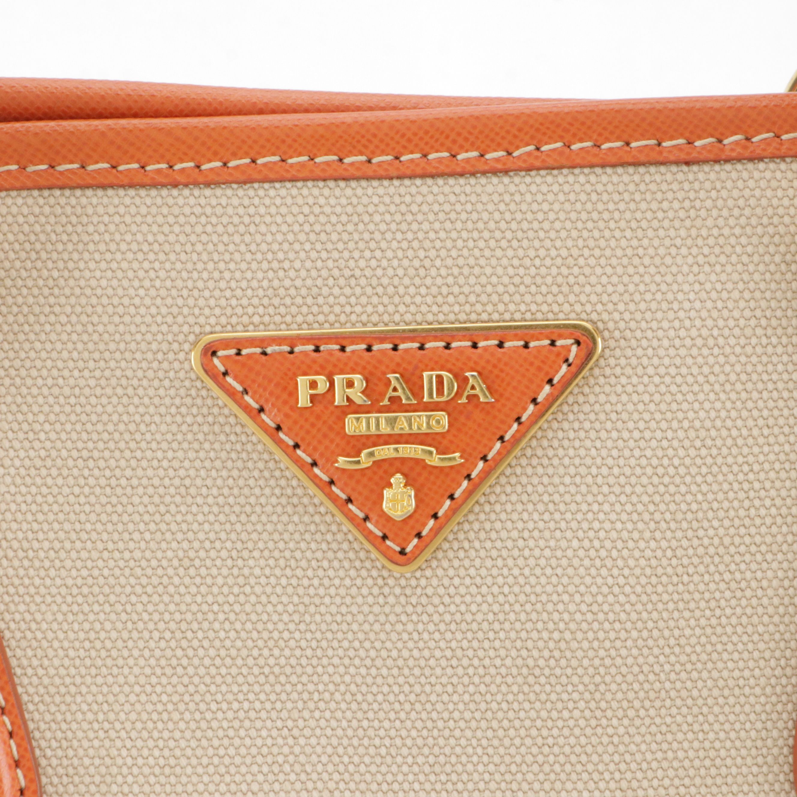 Prada Natural Canvas and Orange Leather Top Handle Two-Way Tote