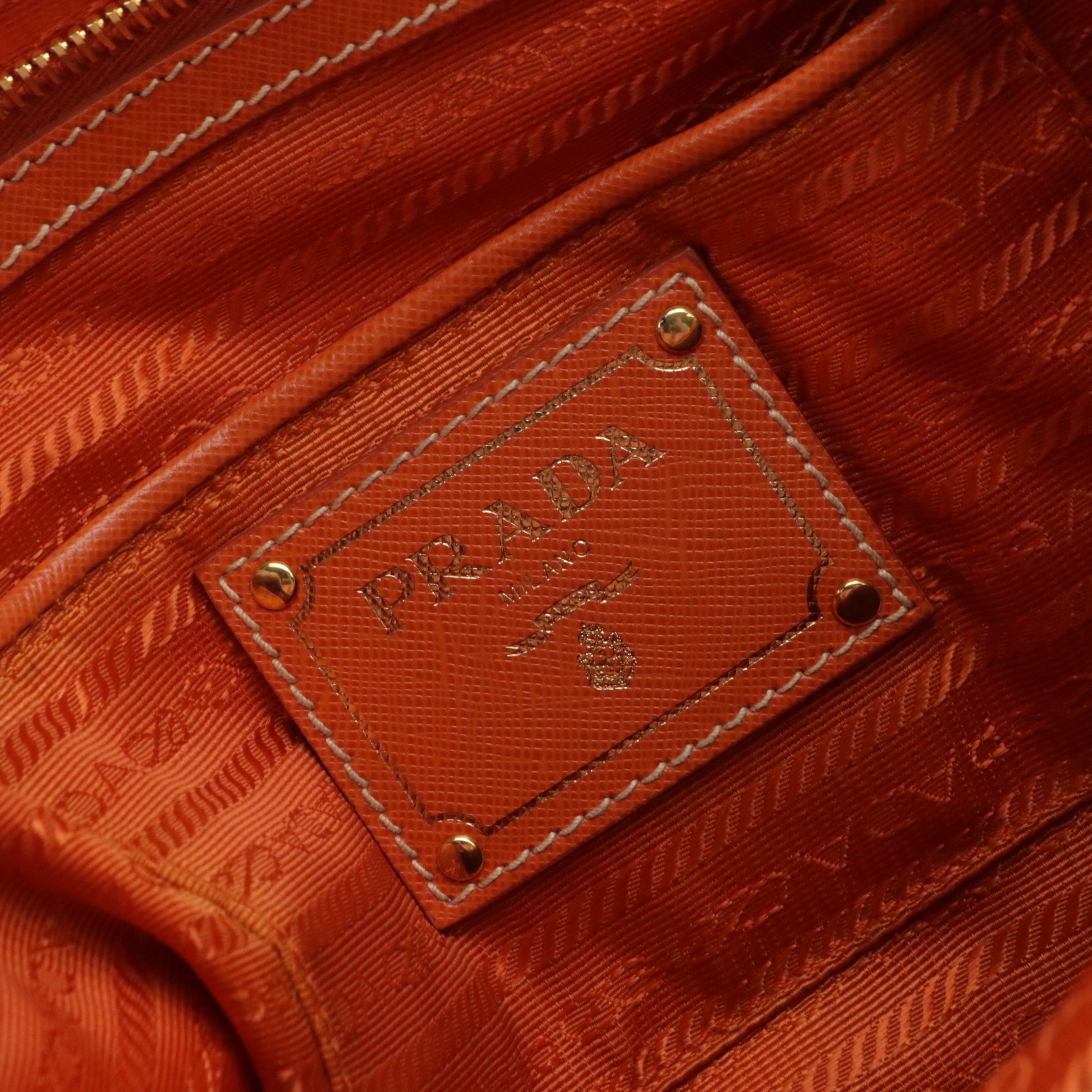 Prada Natural Canvas and Orange Leather Top Handle Two-Way Tote