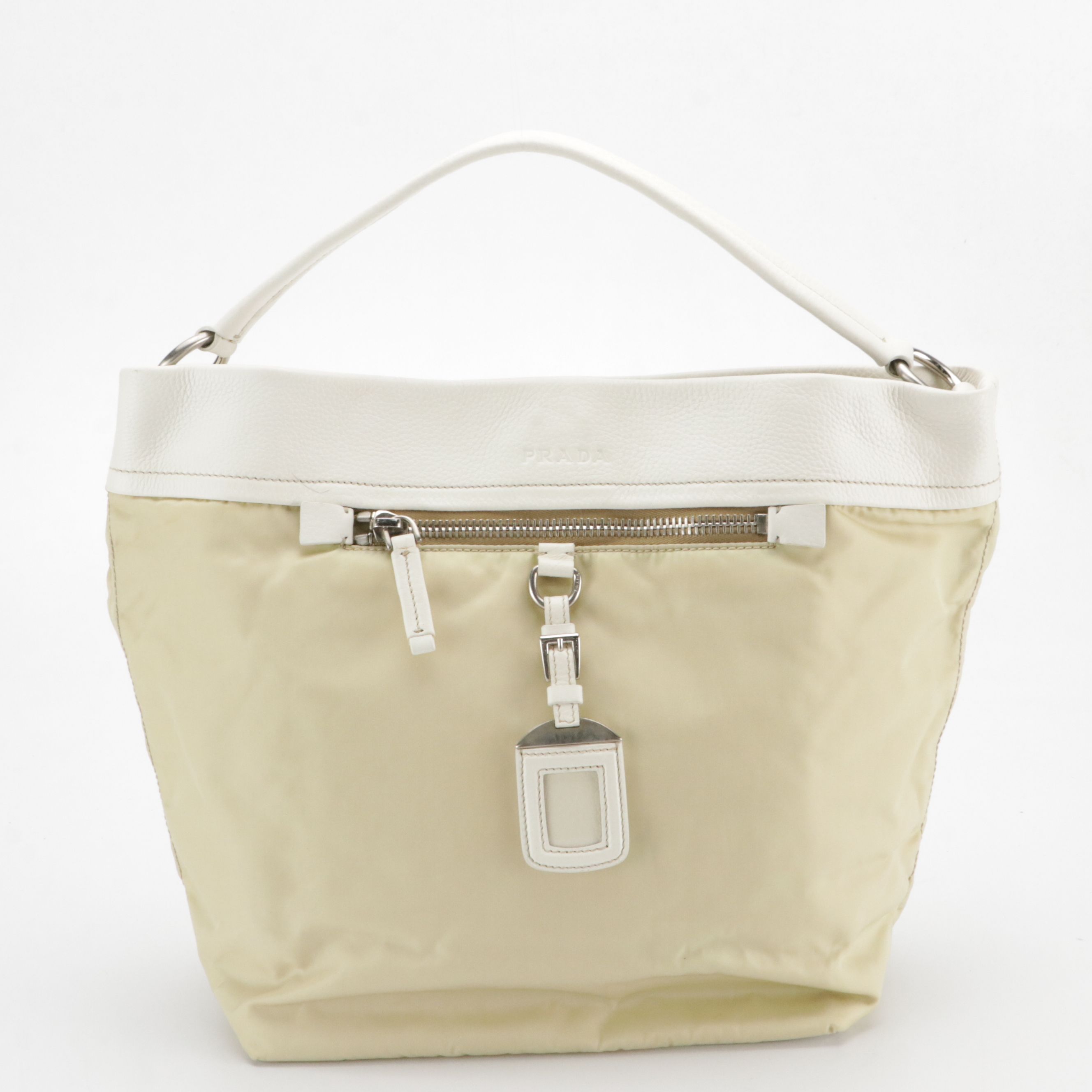 Prada Hobo Shoulder Bag in Neutral Tessuto Nylon and White Leather