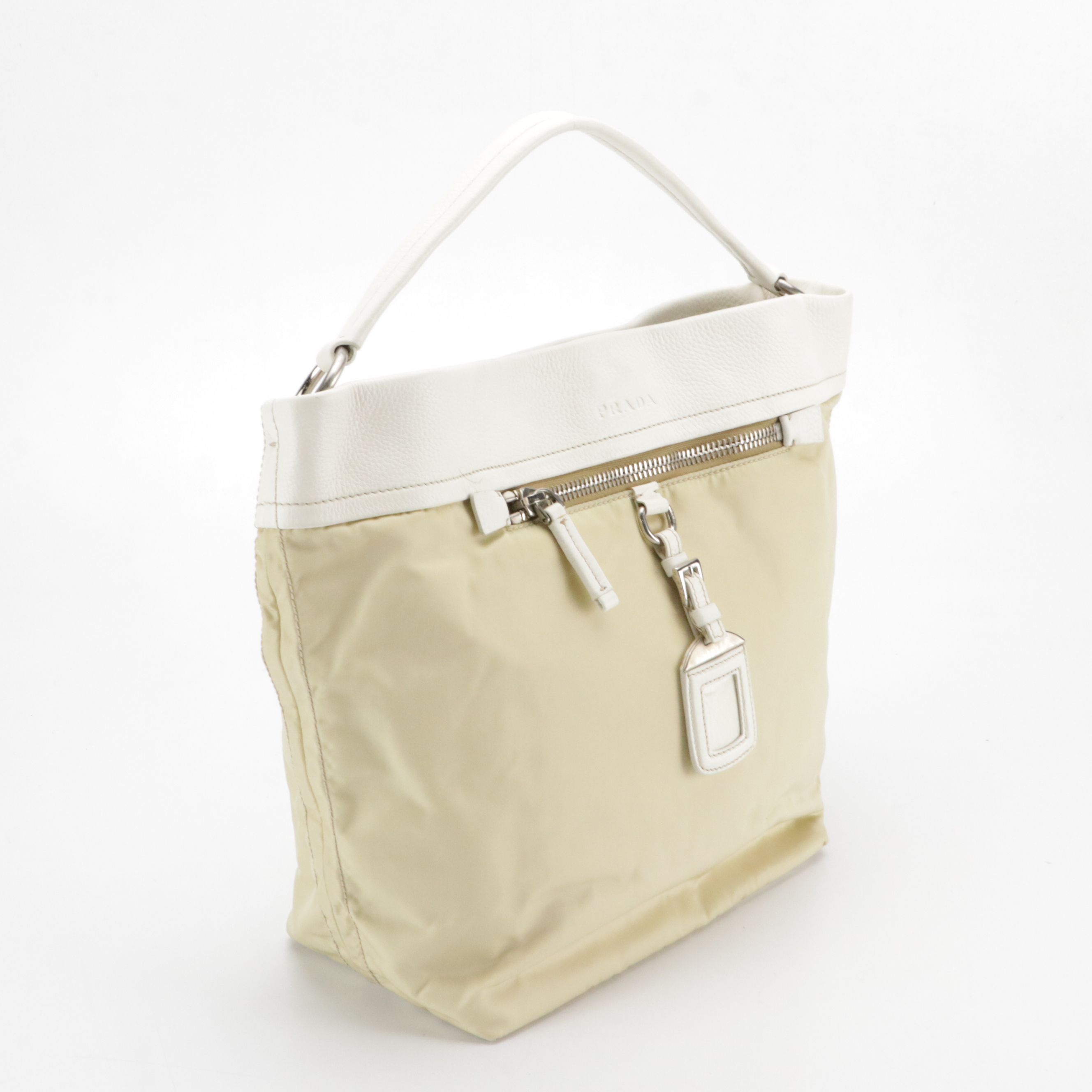 Prada Hobo Shoulder Bag in Neutral Tessuto Nylon and White Leather