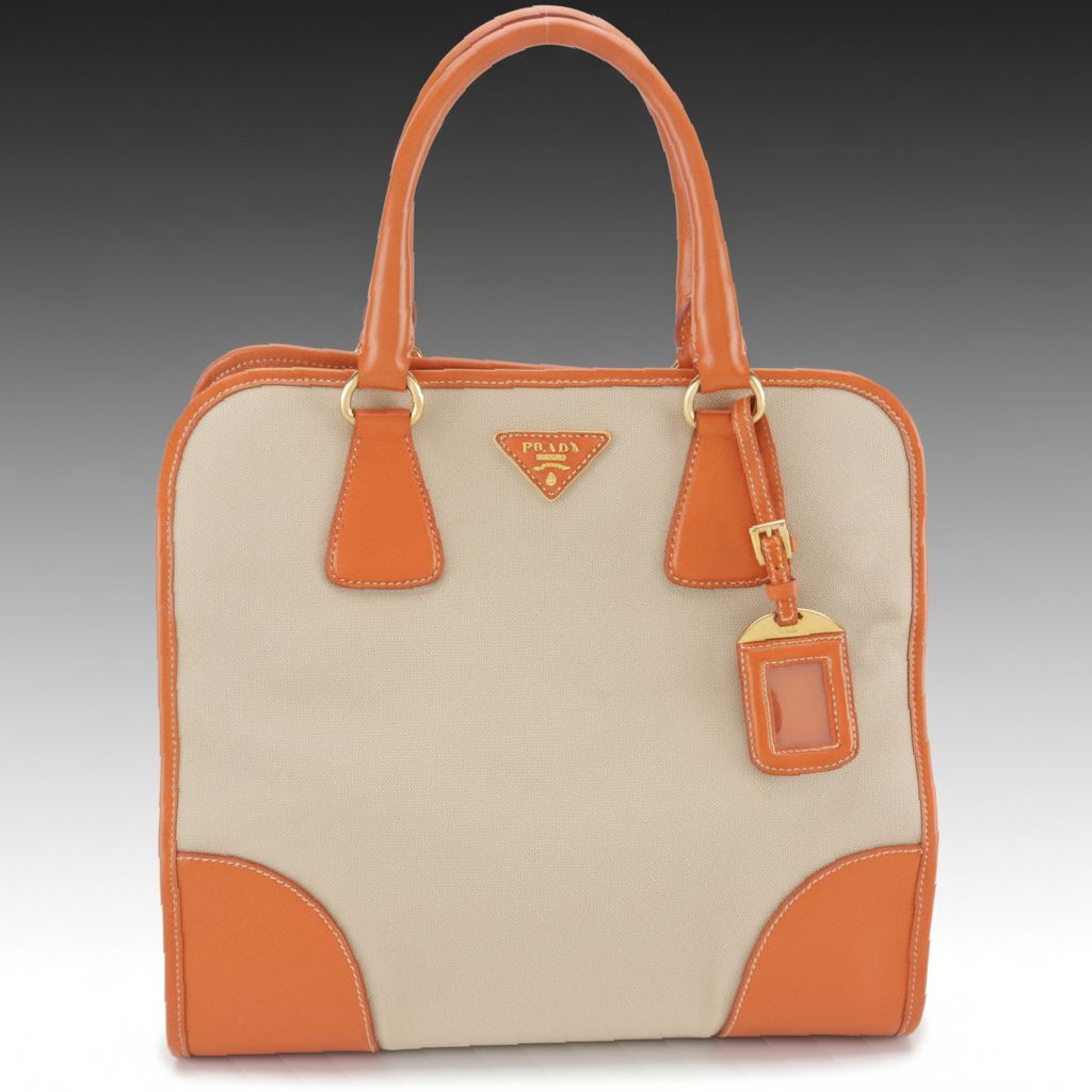 Prada Natural Canvas and Orange Leather Top Handle Two-Way Tote