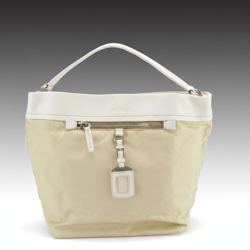 Prada Hobo Shoulder Bag in Neutral Tessuto Nylon and White Leather