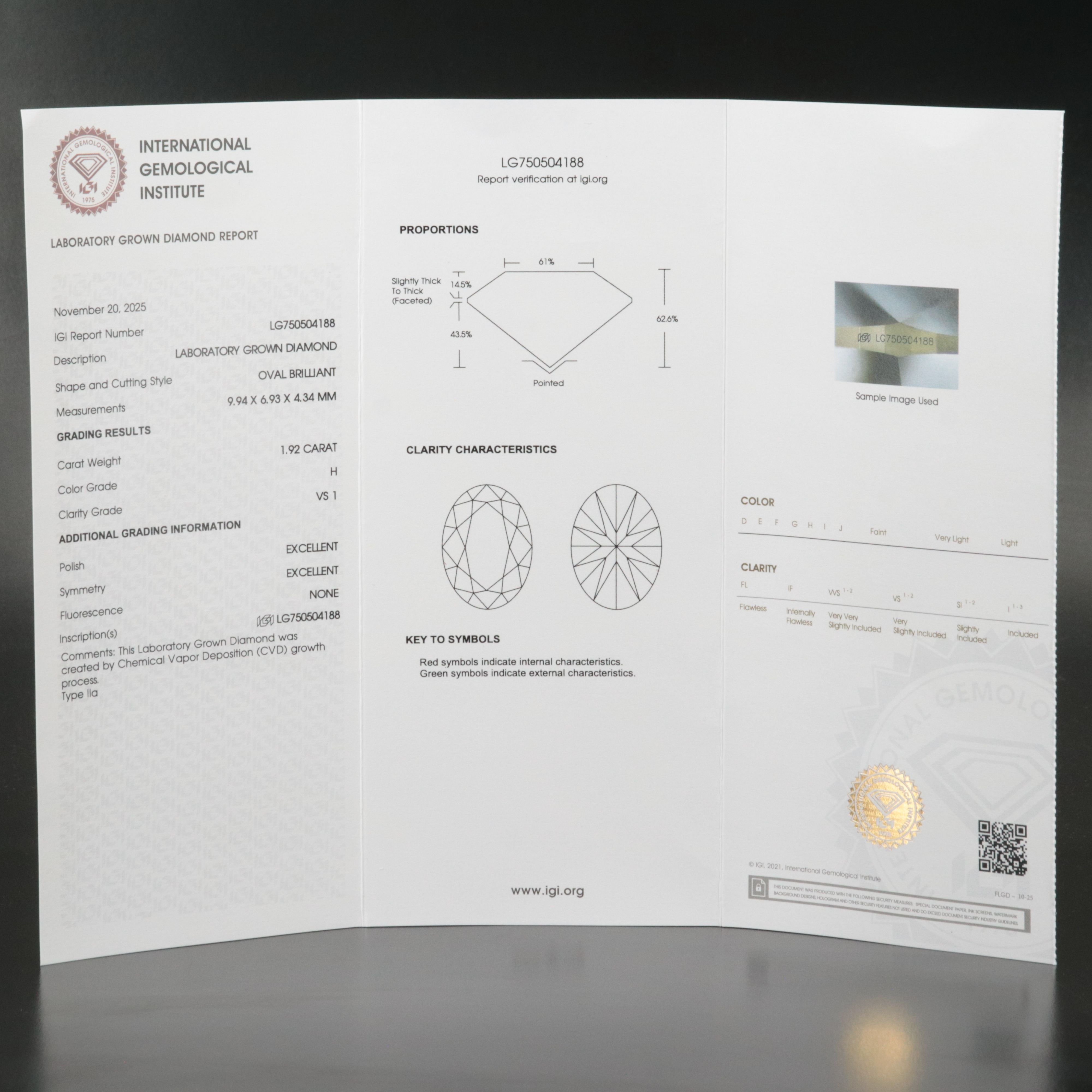 Loose 1.92 CT Lab Grown Diamond with IGI Report
