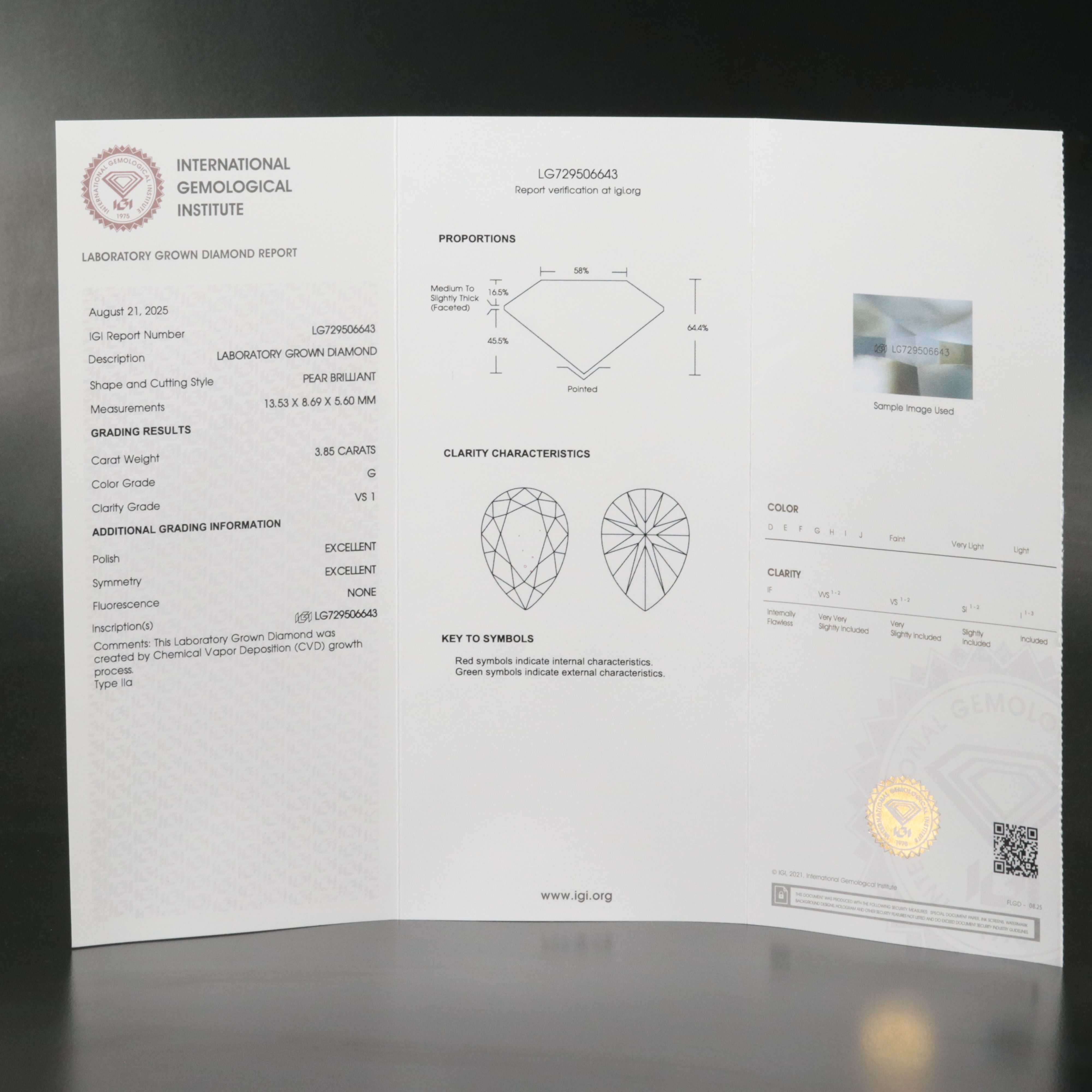 Loose 3.85 CT Lab Grown Diamond with IGI Report