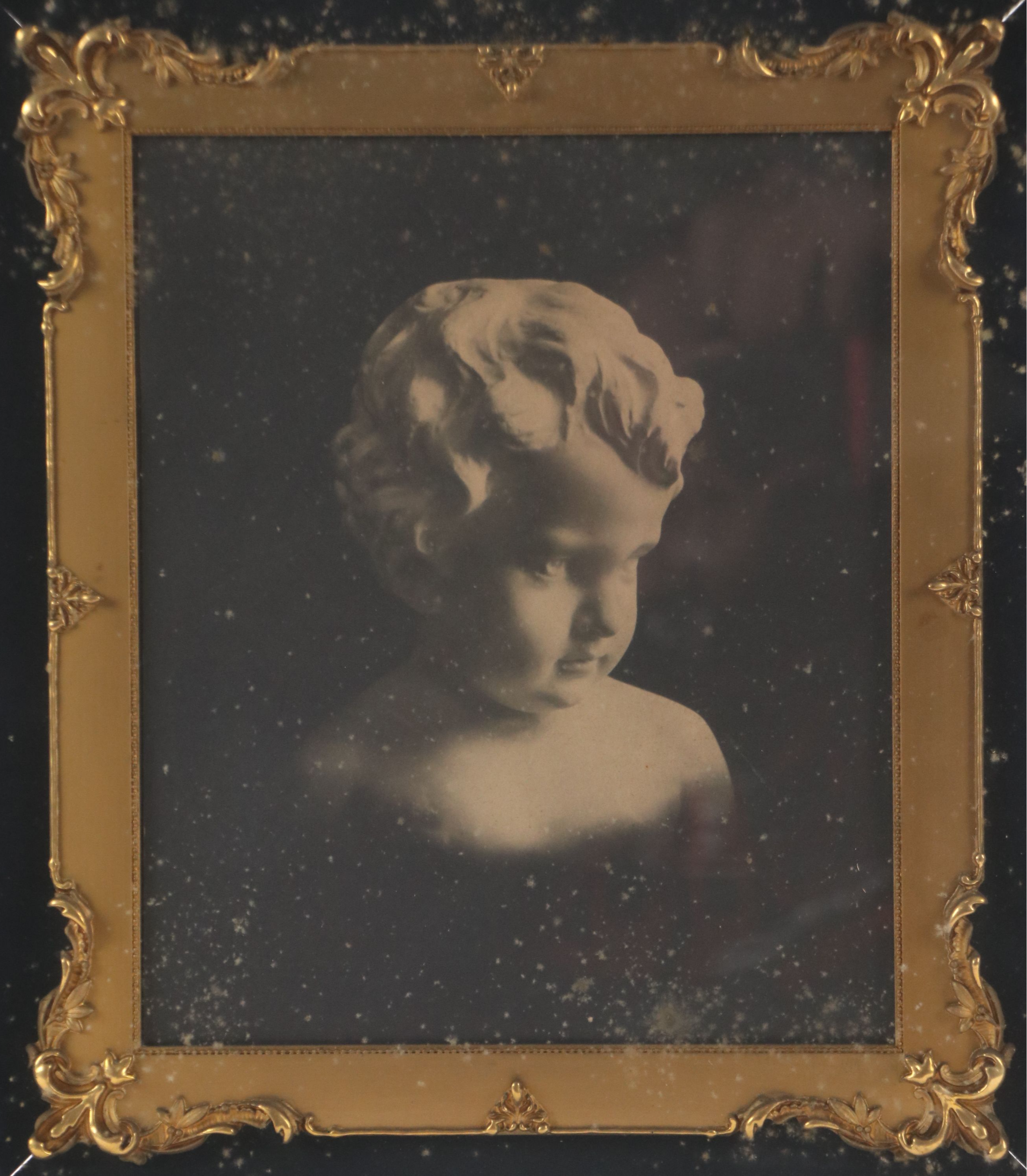 Gothic Framed Lithograph of Statue's Head, Late 20th Century