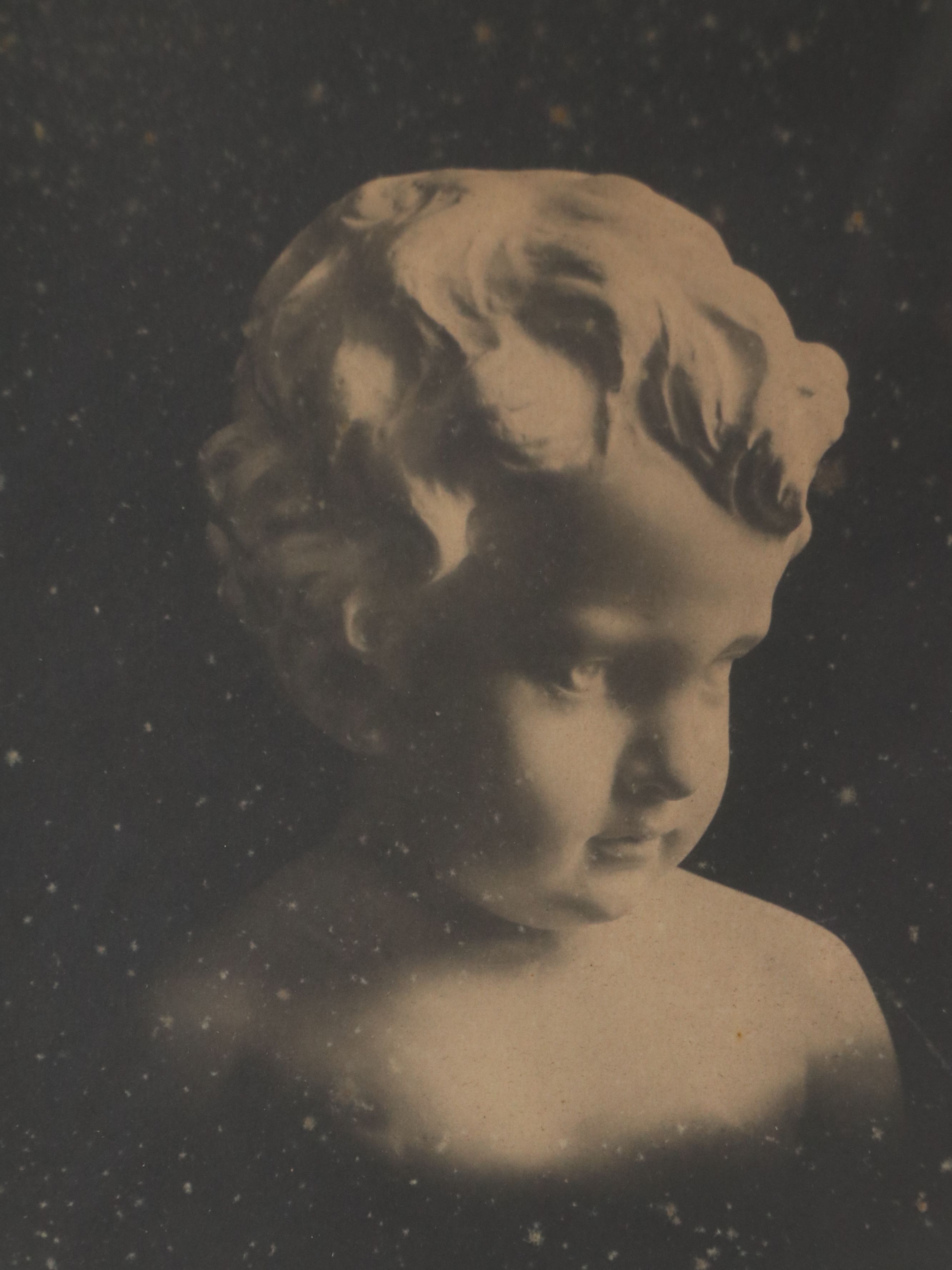 Gothic Framed Lithograph of Statue's Head, Late 20th Century