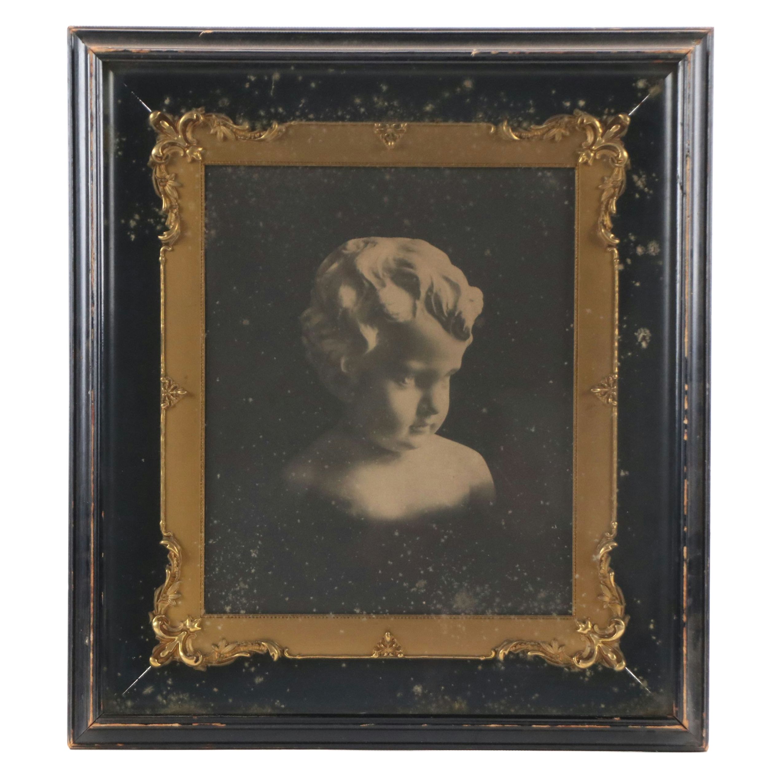 Gothic Framed Lithograph of Statue's Head, Late 20th Century