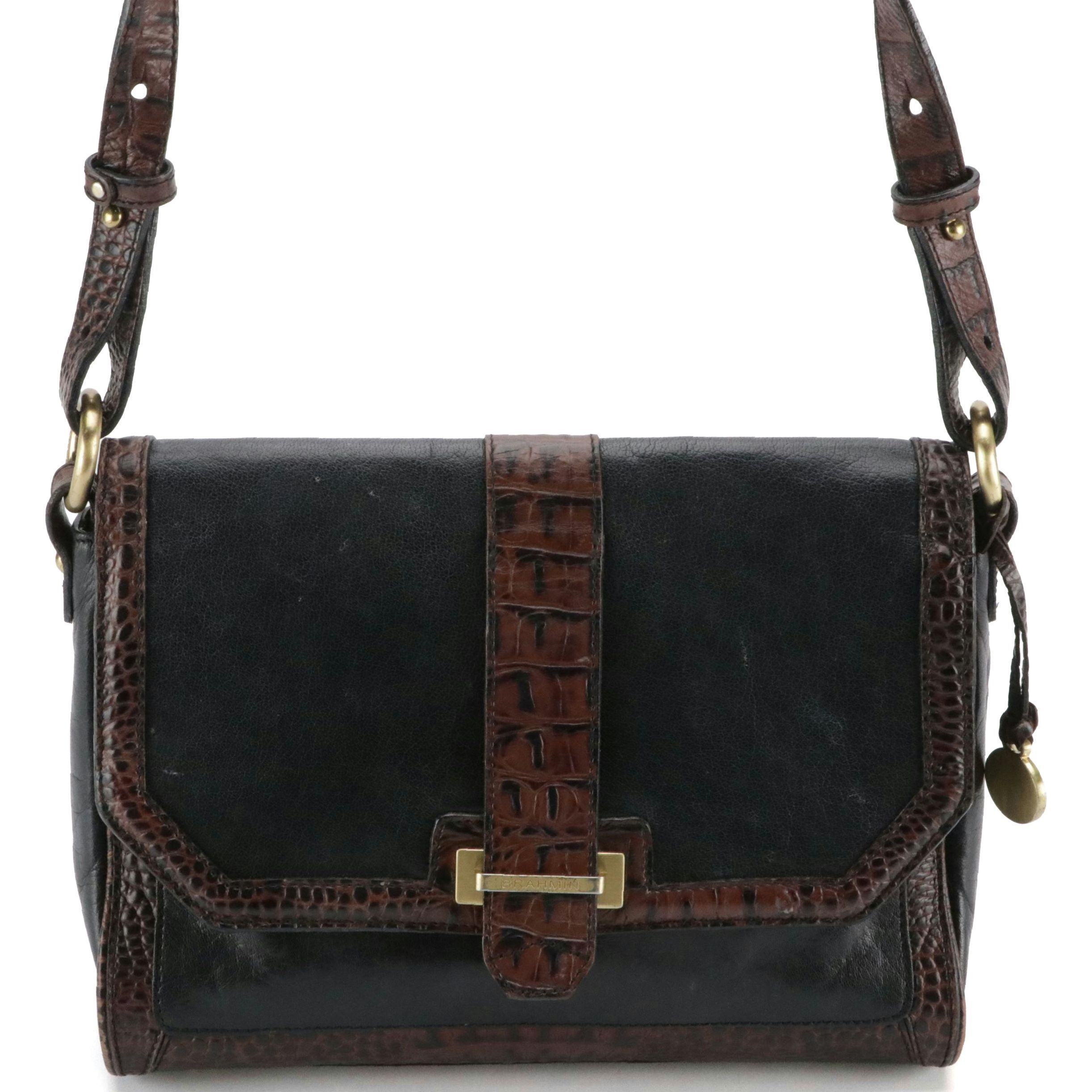 Brahmin Tuscan Collection Shoulder Bag in Black Calfskin & Croc Embossed Leather