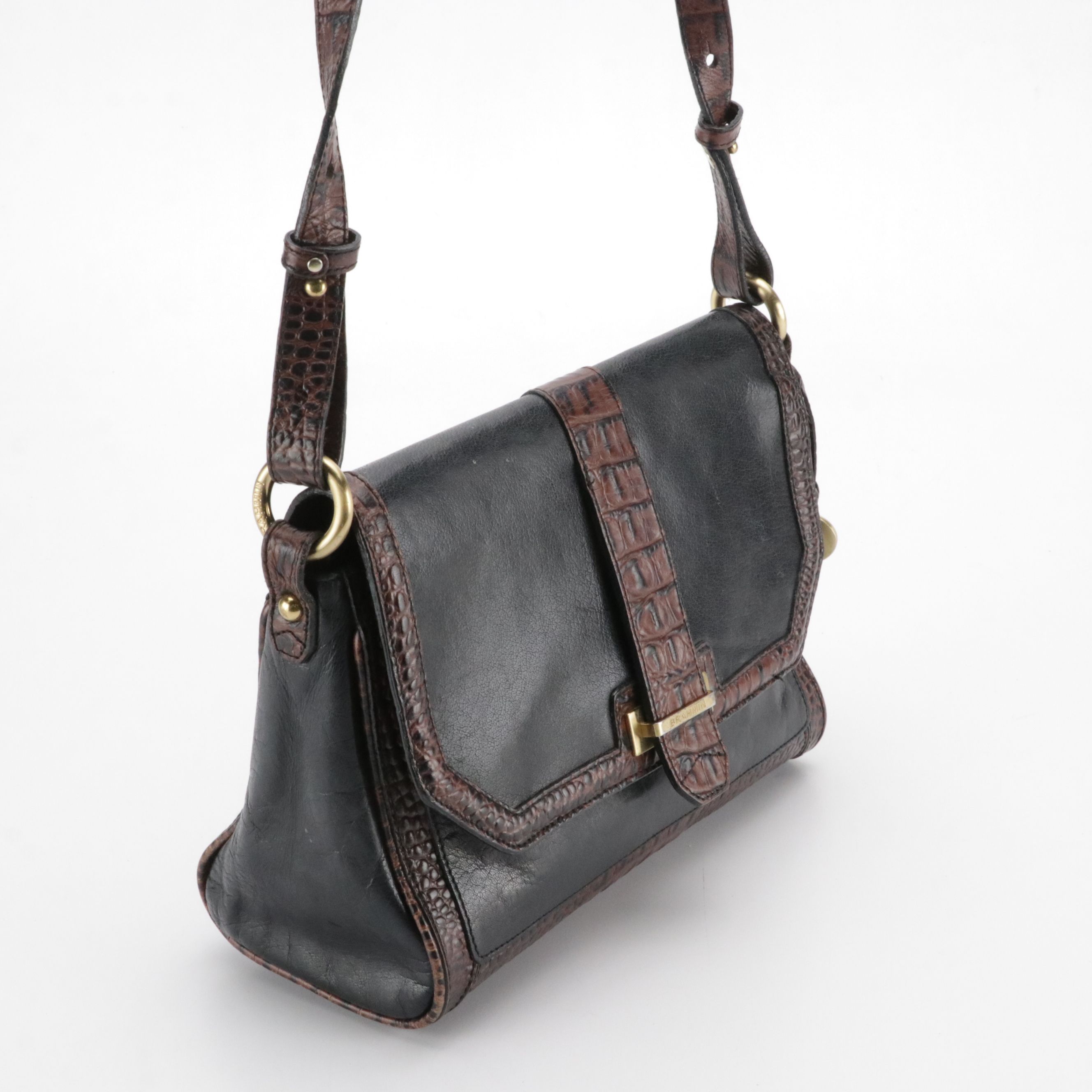 Brahmin Tuscan Collection Shoulder Bag in Black Calfskin & Croc Embossed Leather
