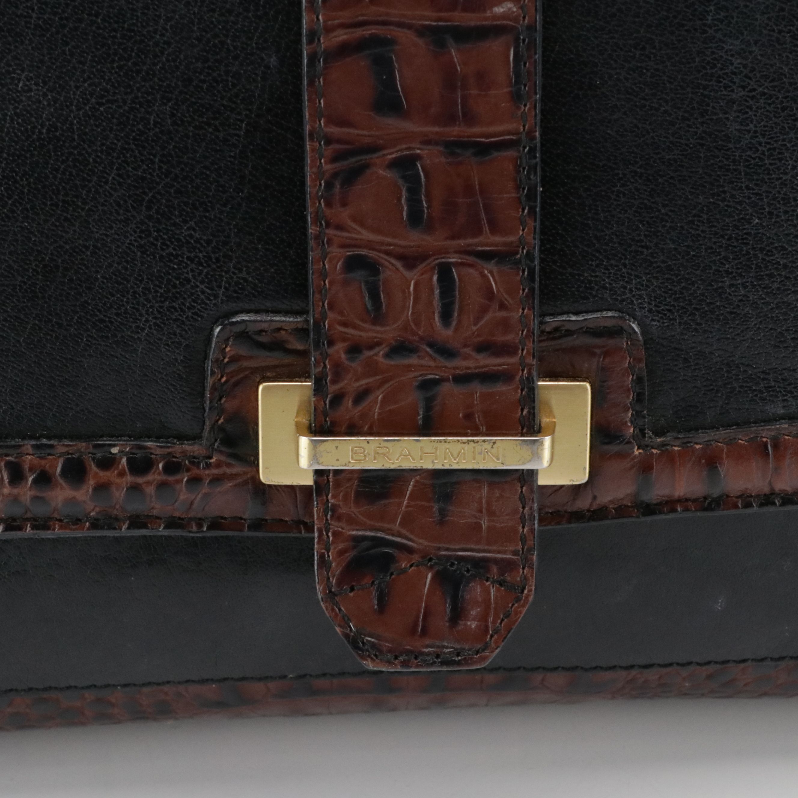 Brahmin Tuscan Collection Shoulder Bag in Black Calfskin & Croc Embossed Leather