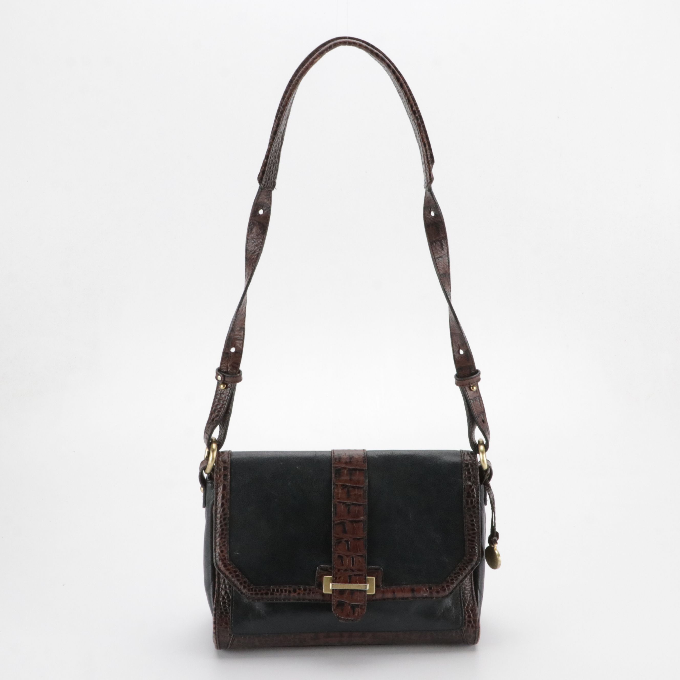 Brahmin Tuscan Collection Shoulder Bag in Black Calfskin & Croc Embossed Leather