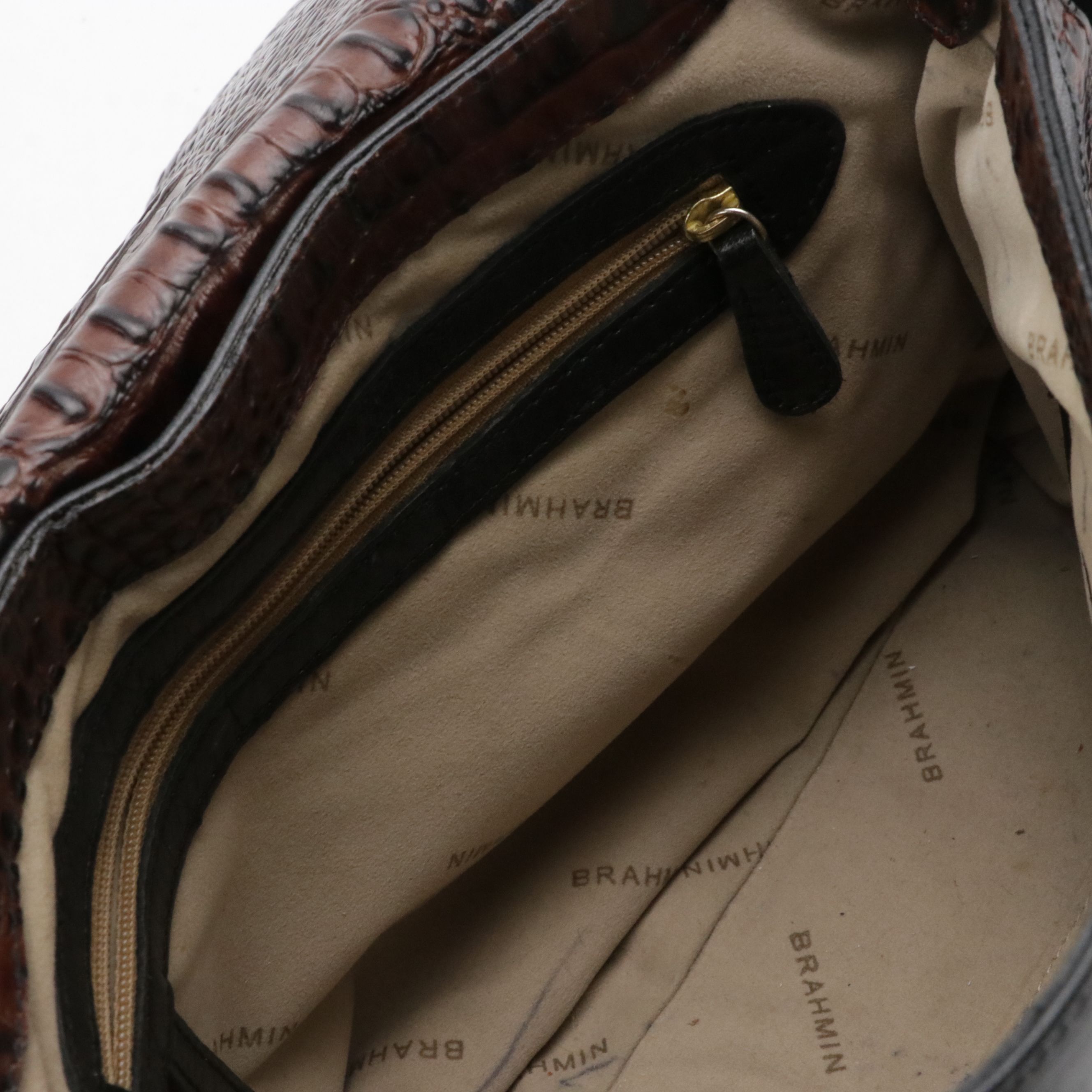 Brahmin Tuscan Collection Shoulder Bag in Black Calfskin & Croc Embossed Leather