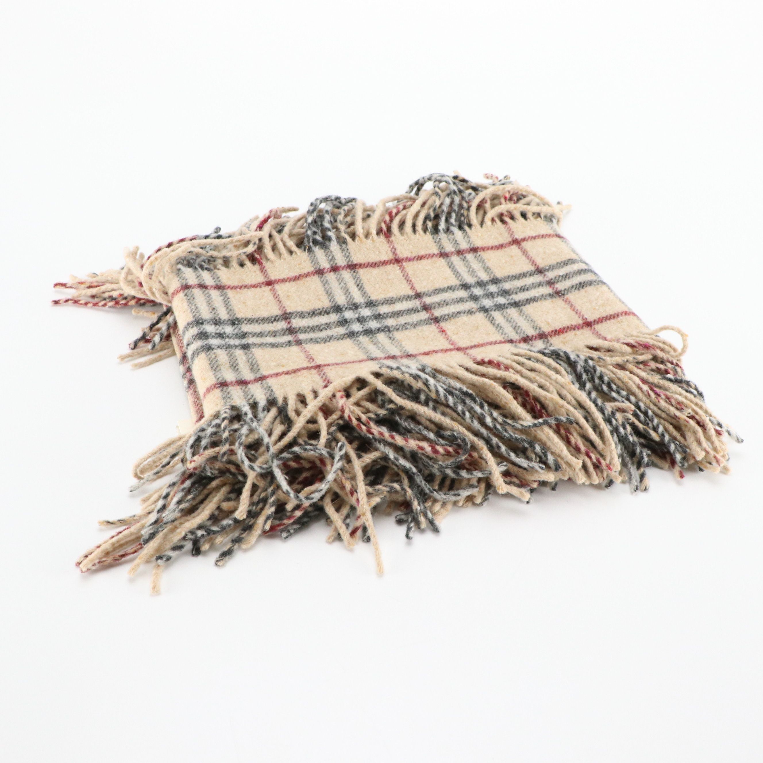 Burberry London Double-Fringe Happy Scarf in House Check Lambswool, With Tags