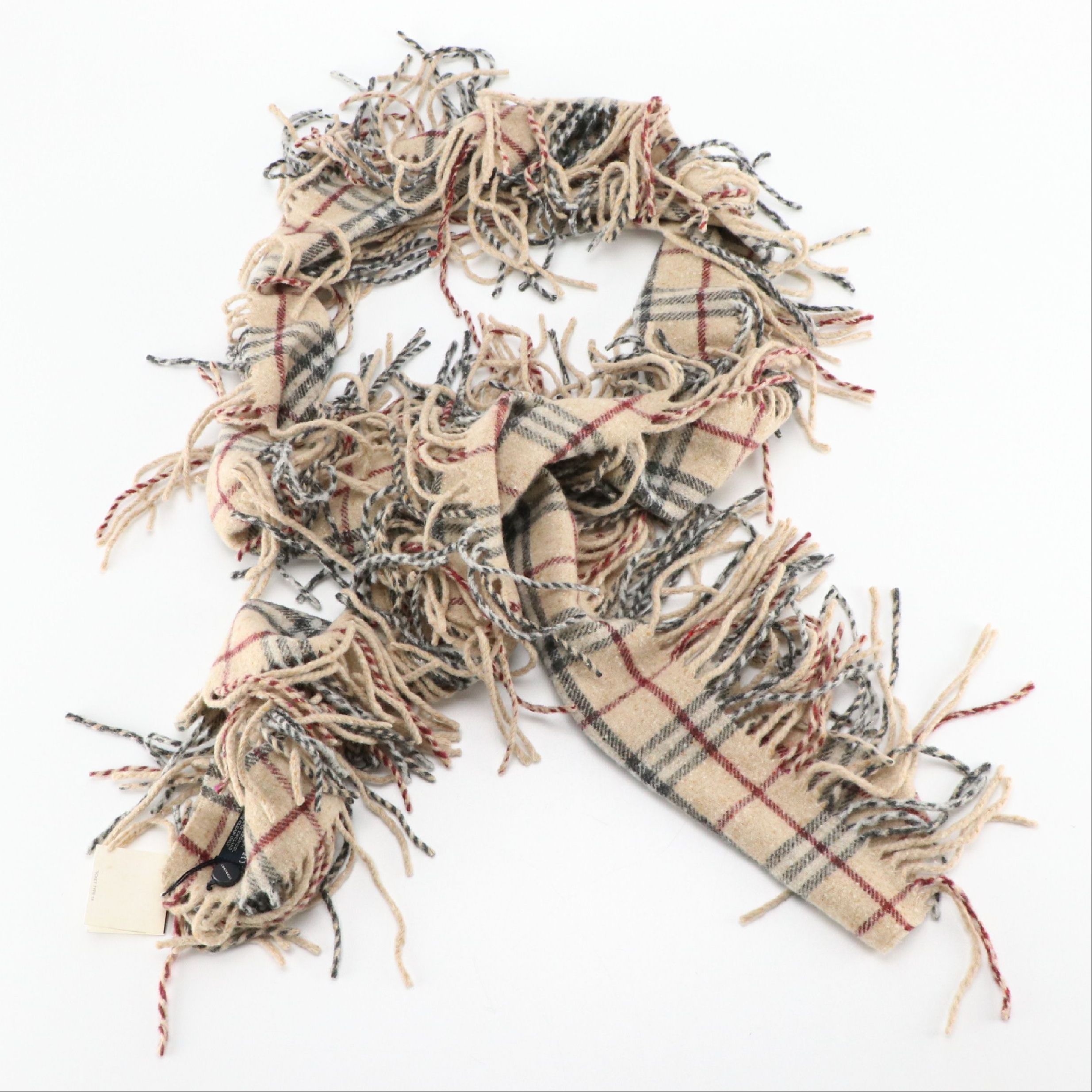 Burberry London Double-Fringe Happy Scarf in House Check Lambswool, With Tags