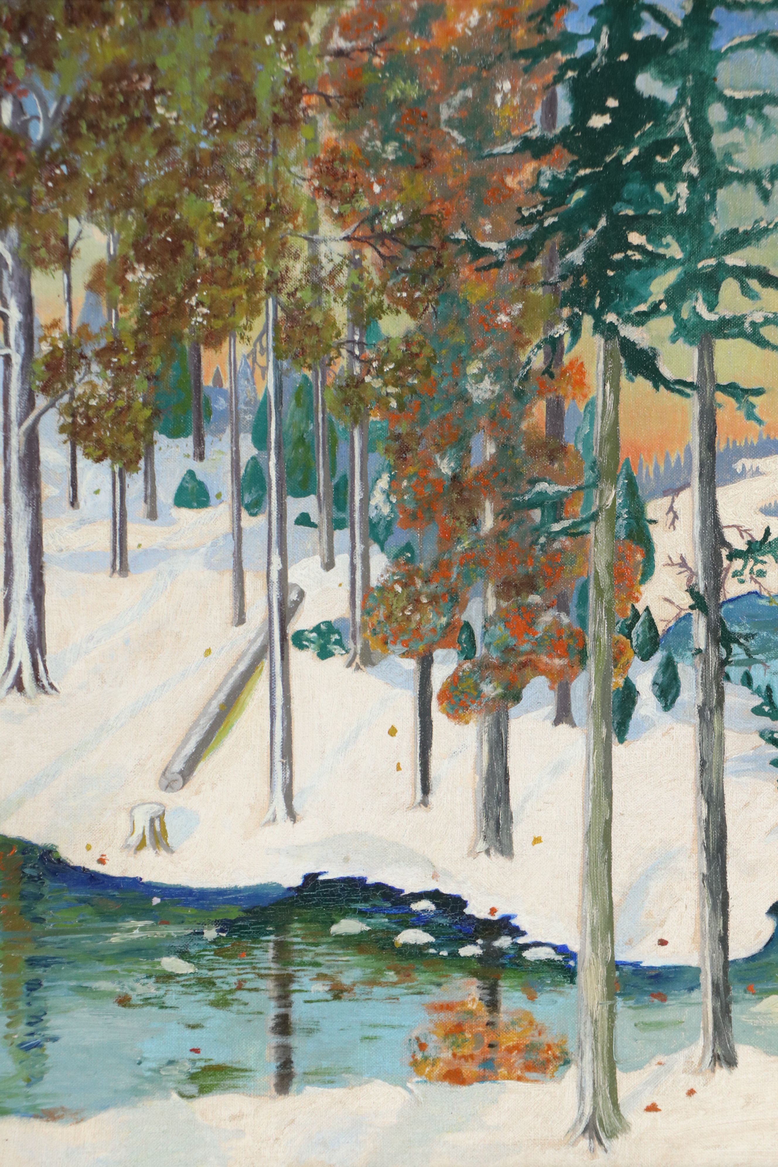 Oil Painting of Wintertime Forest, Mid to Late 20th Century