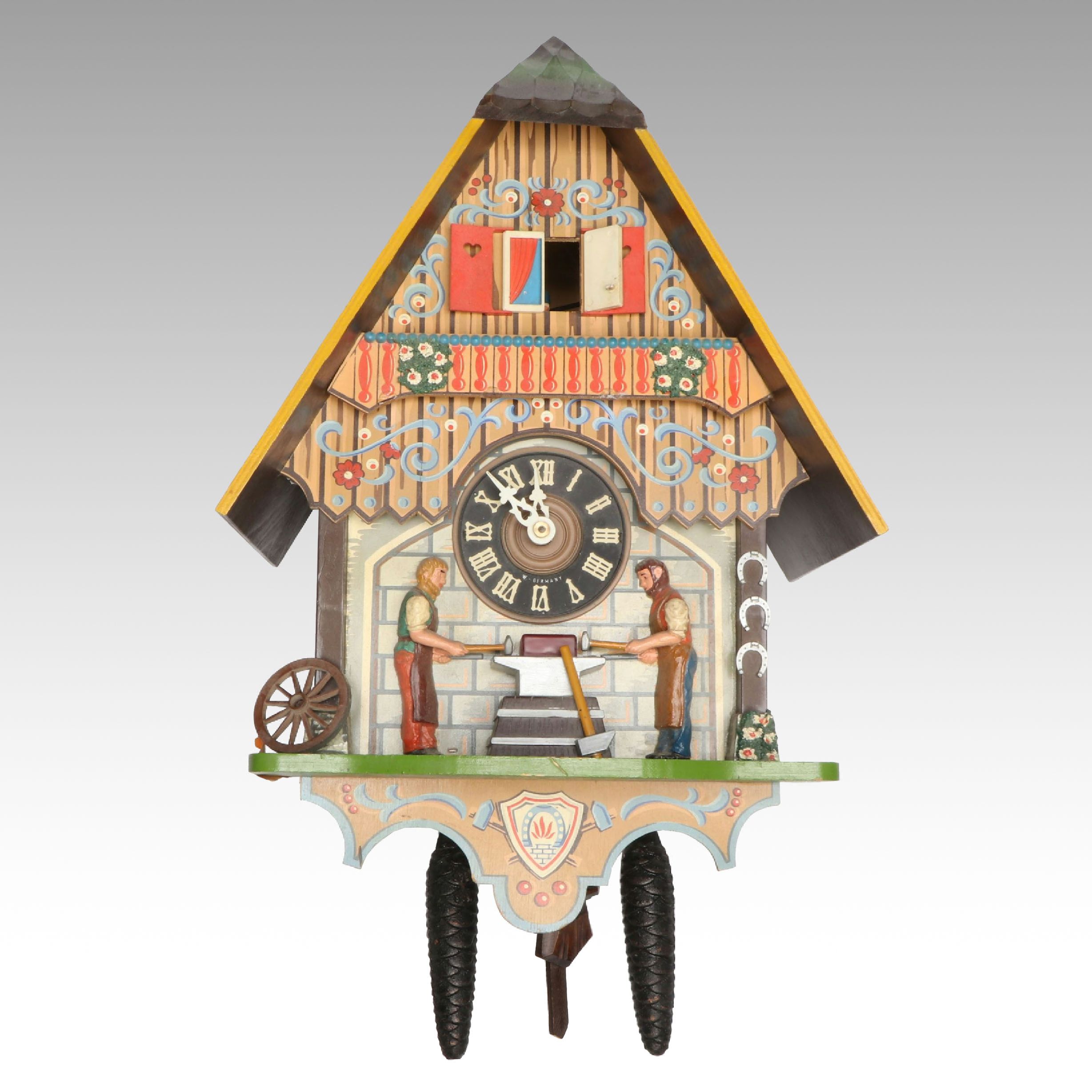 West German Polychrome Wood Cuckoo Clock, Late 20th Century
