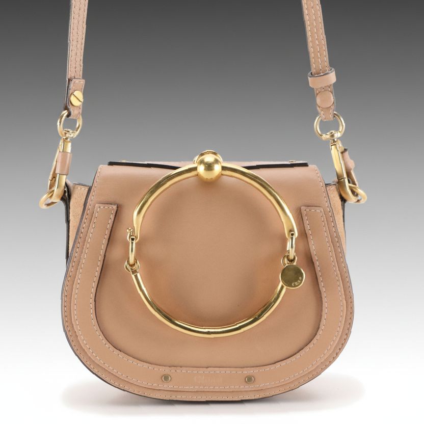 Chloé Small Nile Two-Way Bracelet Bag in Nude Calfskin Leather and Suede