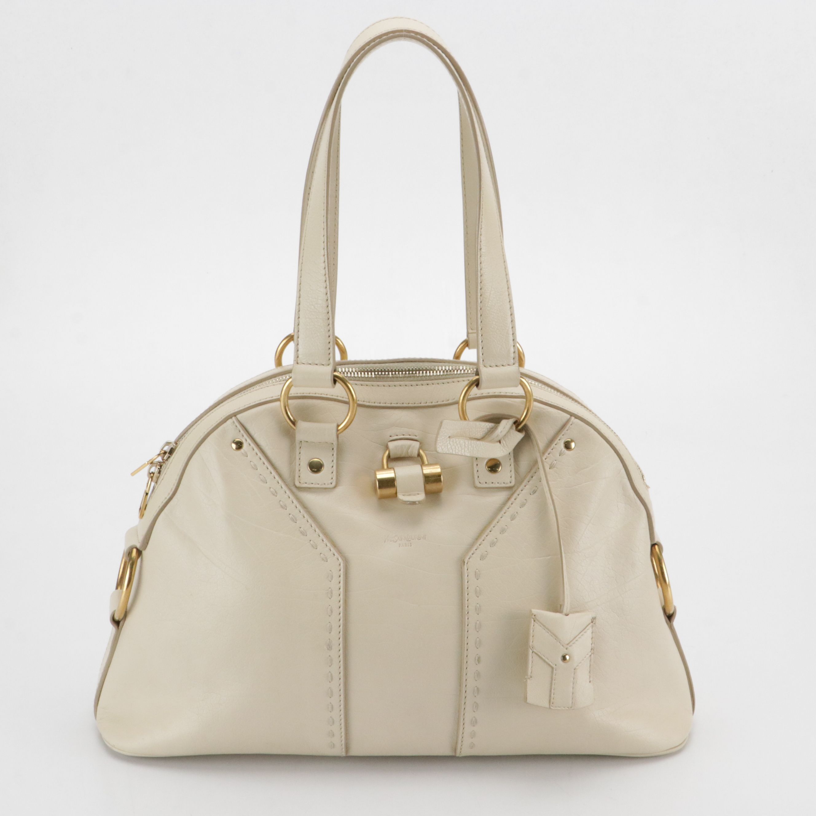 Yves Saint Laurent Domed Muse Handbag in Ivory Calfskin Leather