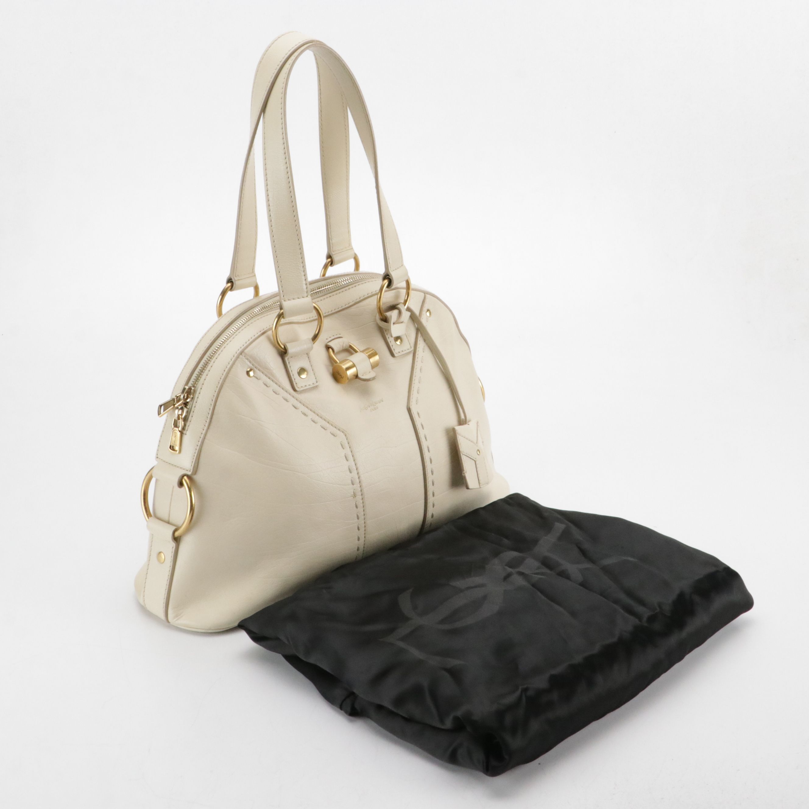 Yves Saint Laurent Domed Muse Handbag in Ivory Calfskin Leather