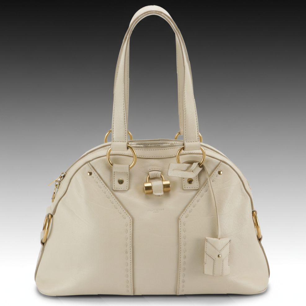 Yves Saint Laurent Domed Muse Handbag in Ivory Calfskin Leather