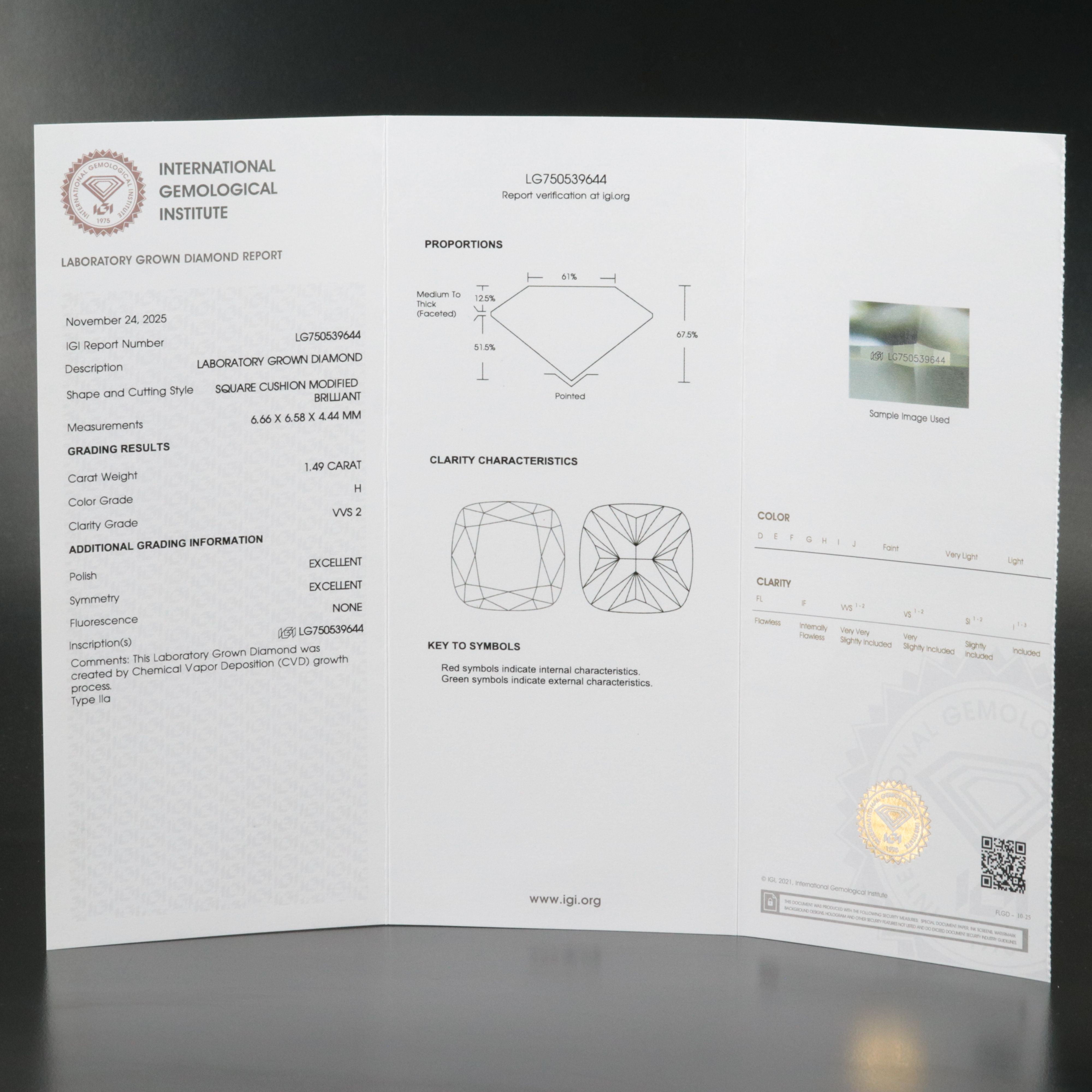 Loose 1.49 CT Lab Grown Diamond with IGI Report