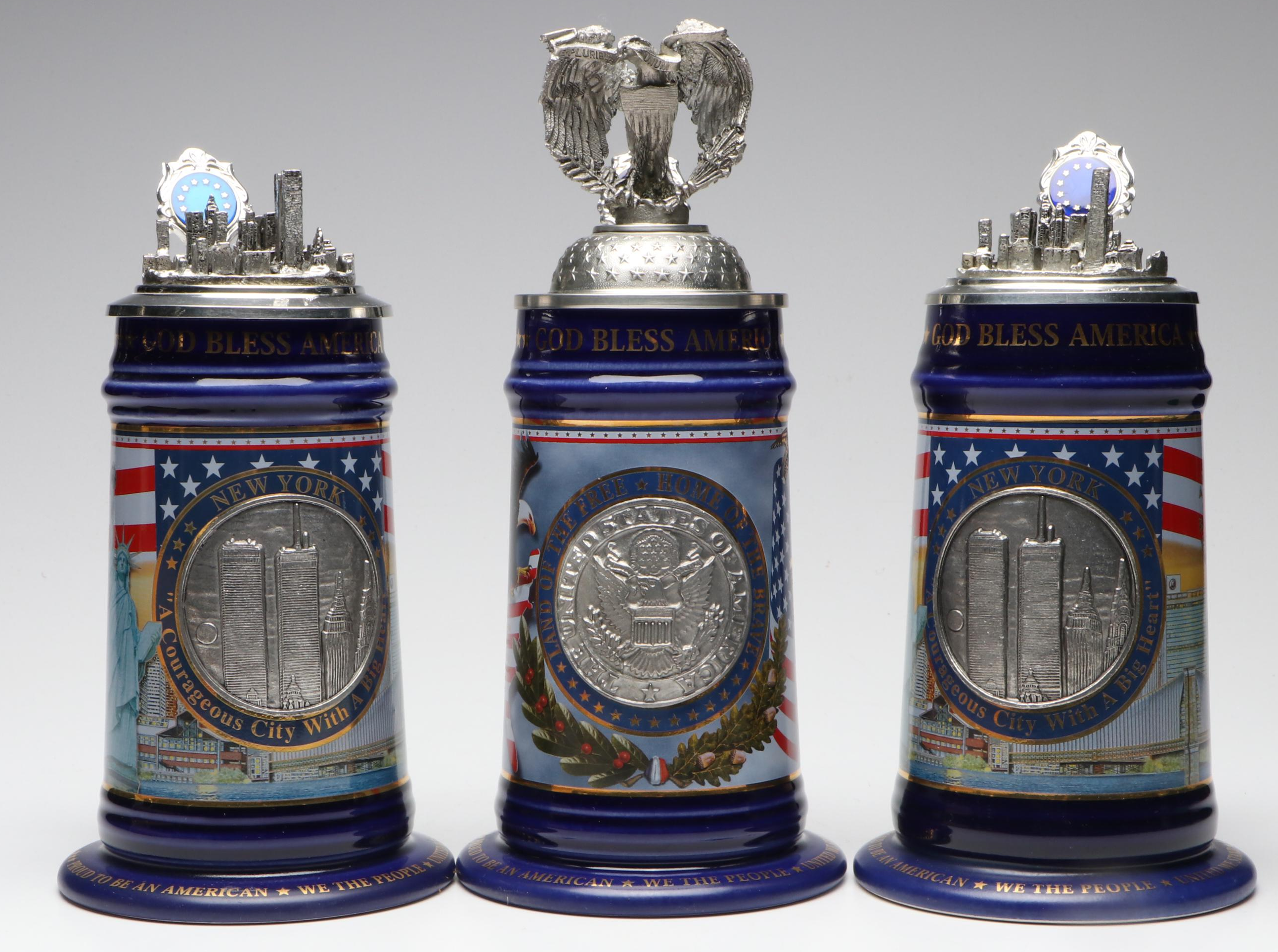 Patriotic American and World Trade Center Pewter Lid Ceramic Beer Steins