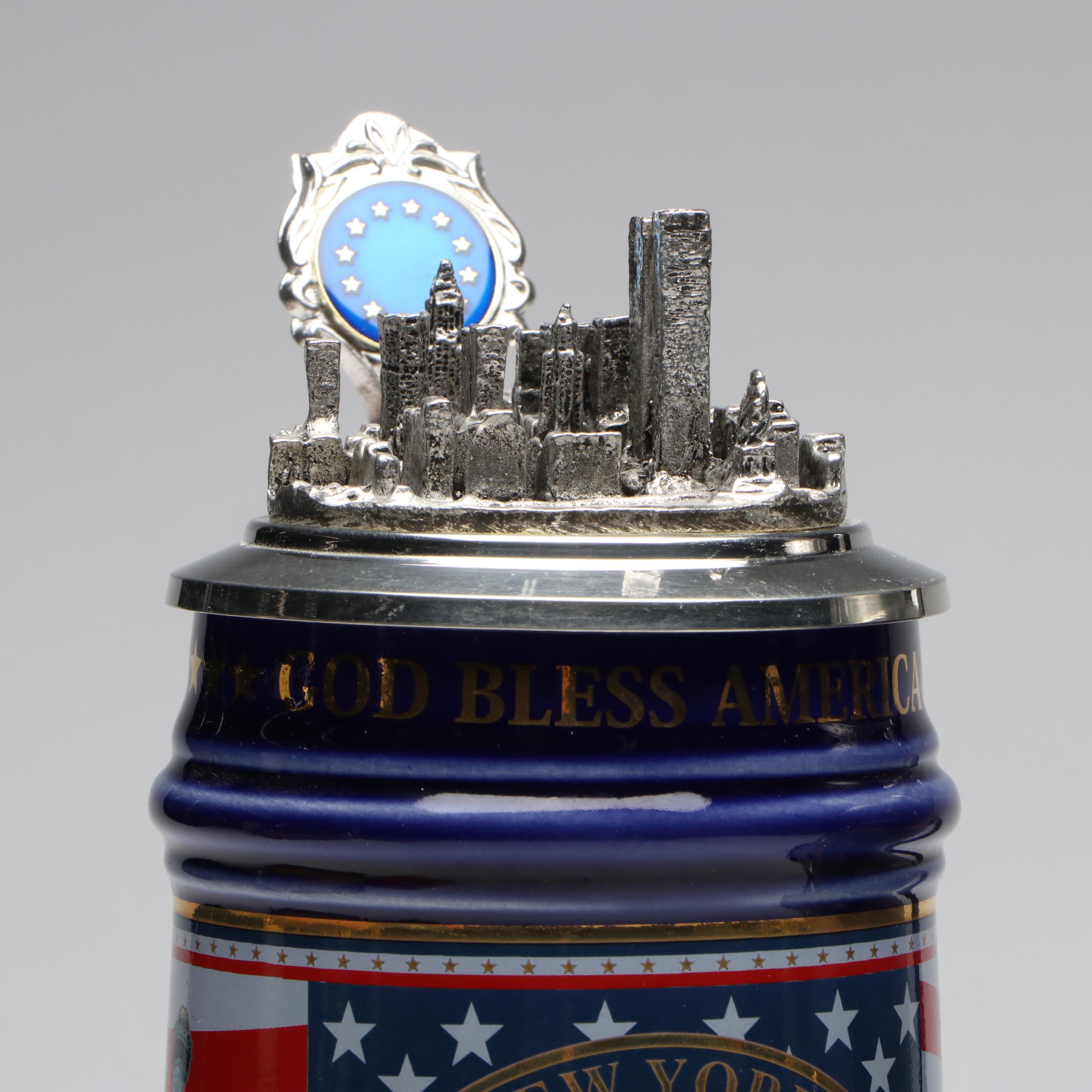Patriotic American and World Trade Center Pewter Lid Ceramic Beer Steins