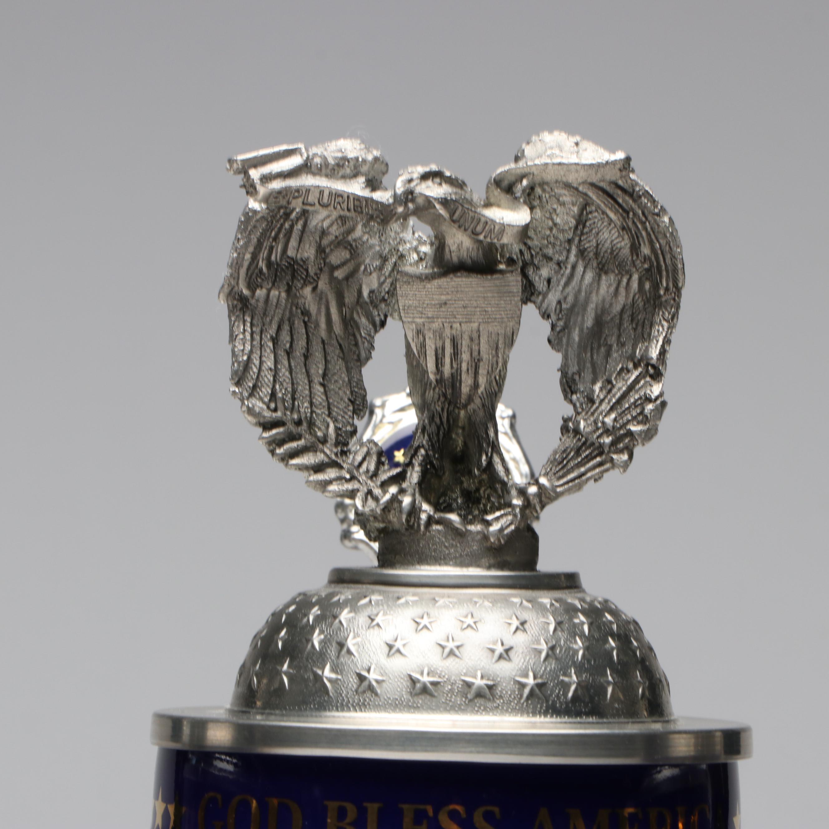 Patriotic American and World Trade Center Pewter Lid Ceramic Beer Steins