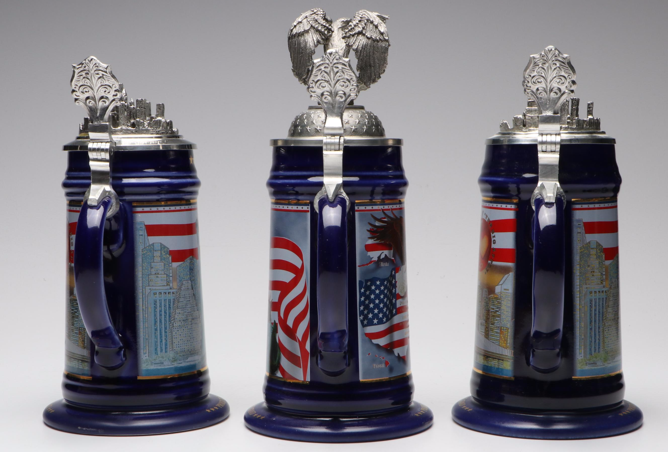 Patriotic American and World Trade Center Pewter Lid Ceramic Beer Steins