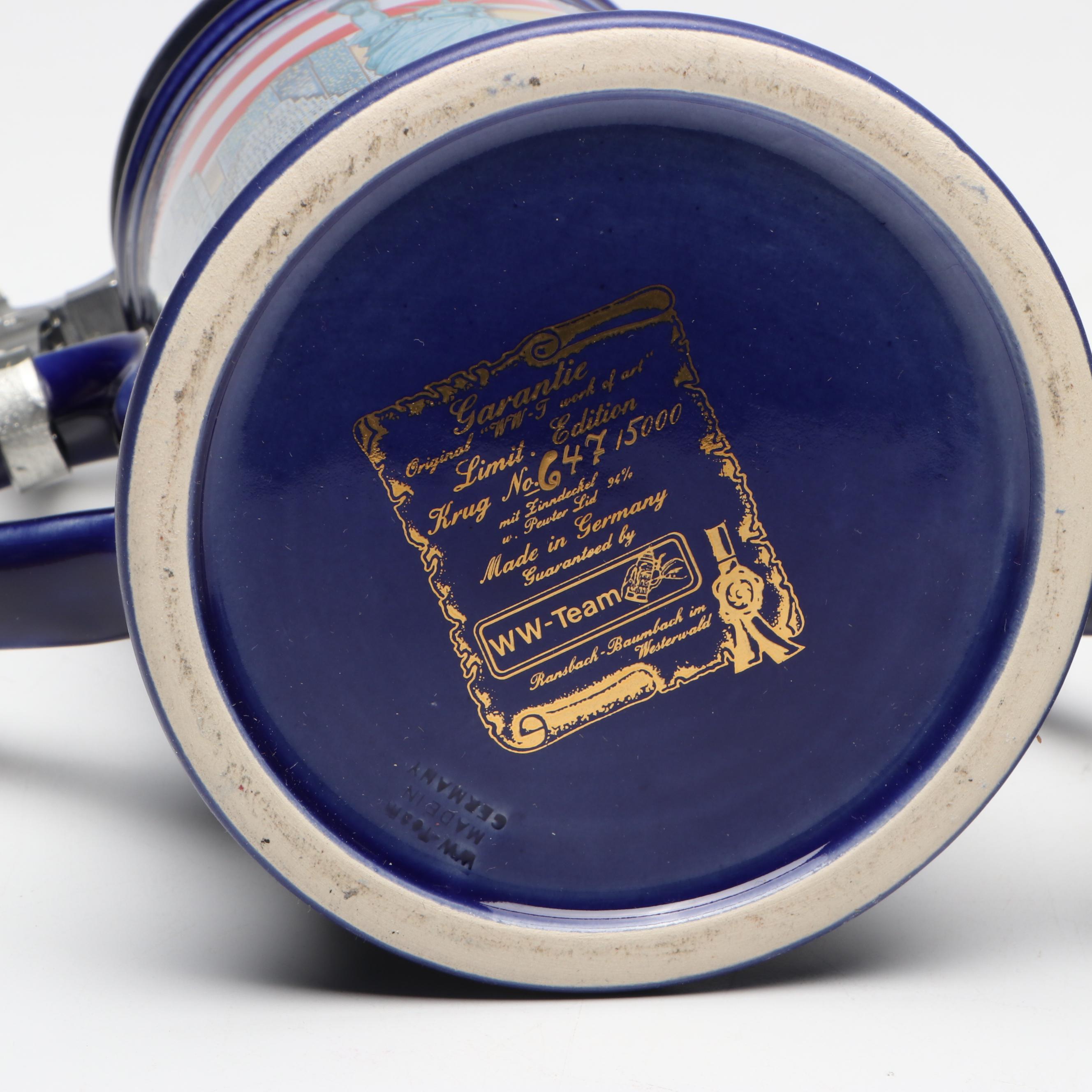 Patriotic American and World Trade Center Pewter Lid Ceramic Beer Steins