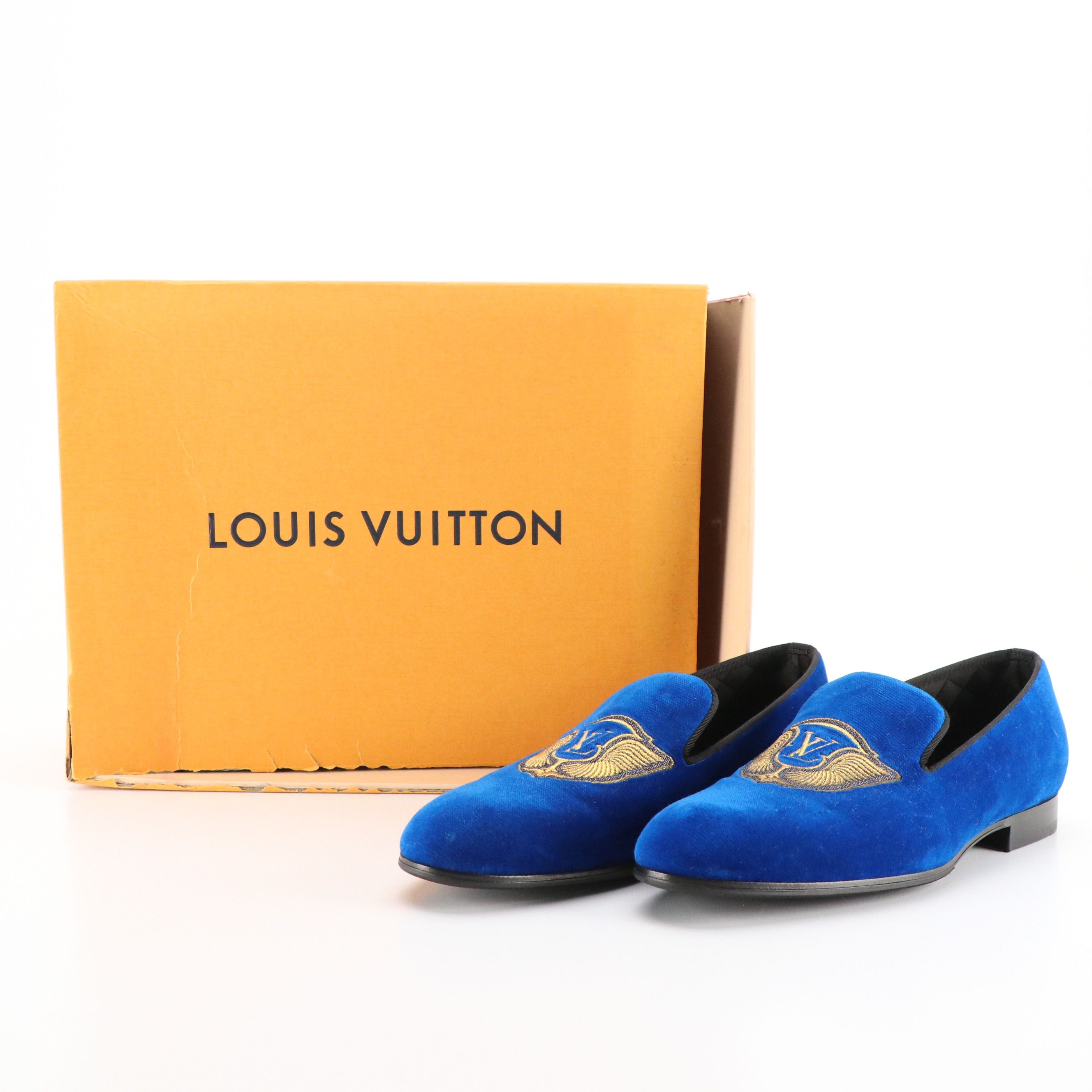 Men's Louis Vuitton Auteuil Embroidered Loafers in Royal Blue Velvet, With Box