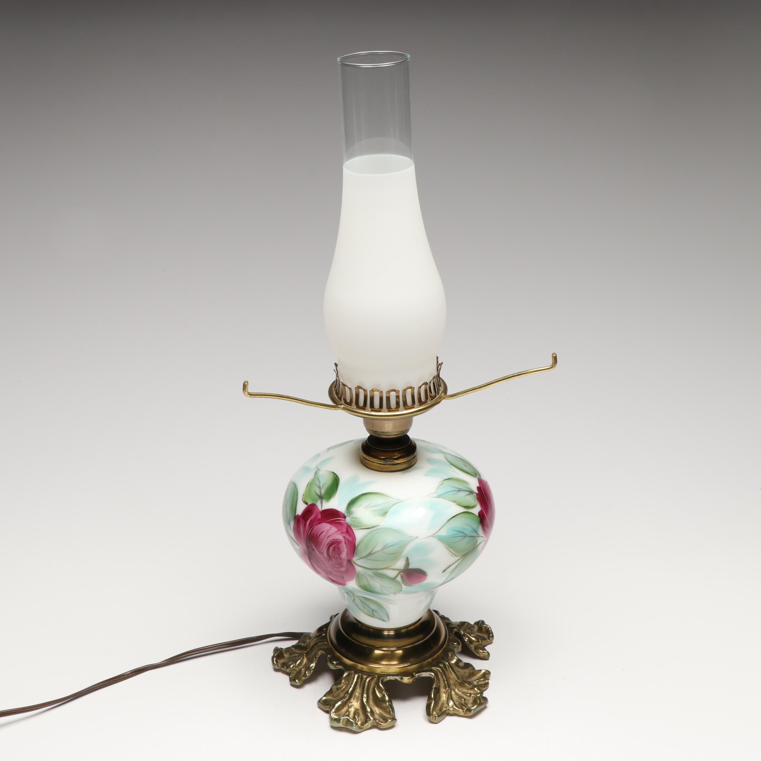 Victorian Style Hand-Painted Roses Milk Glass Parlor Lamp