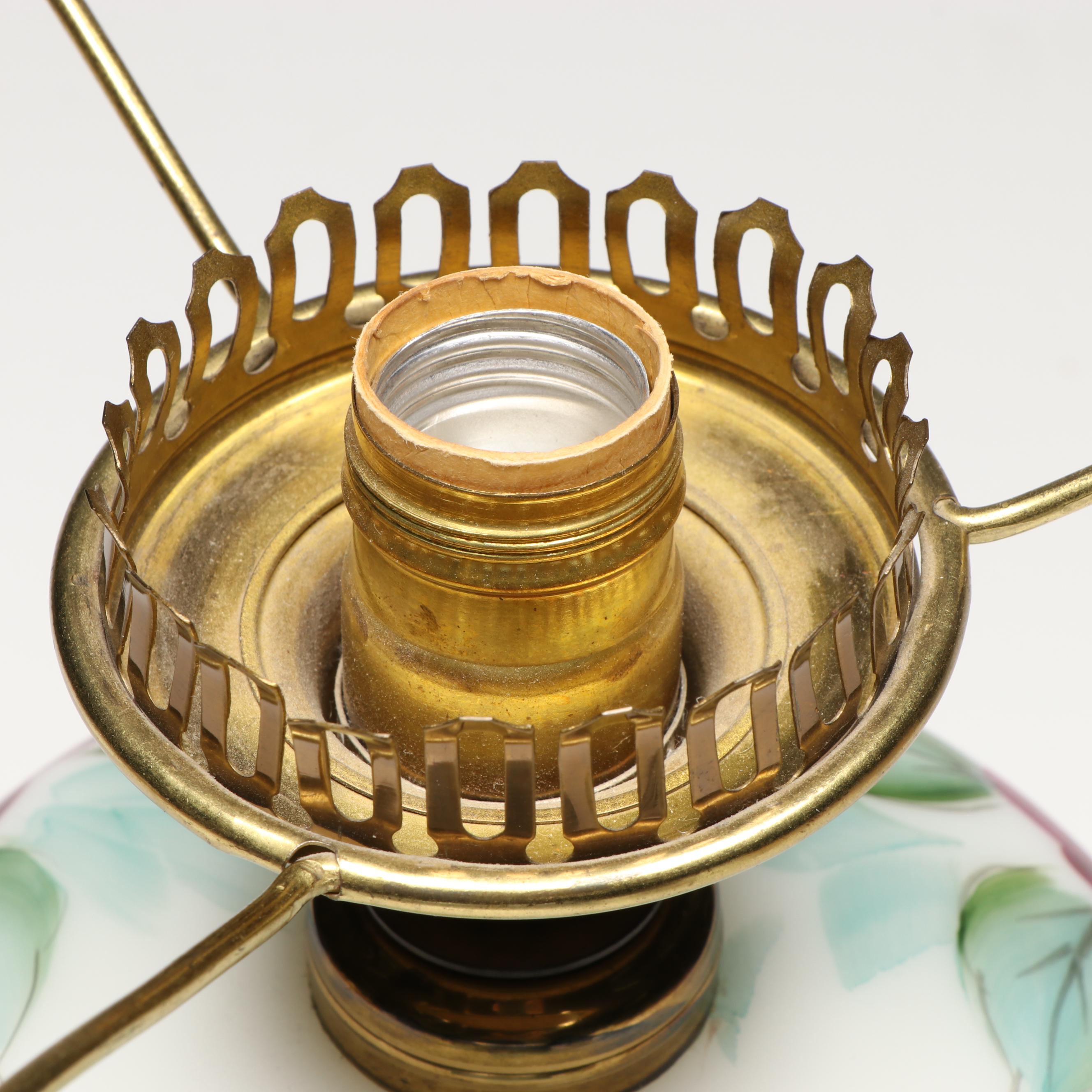 Victorian Style Hand-Painted Roses Milk Glass Parlor Lamp