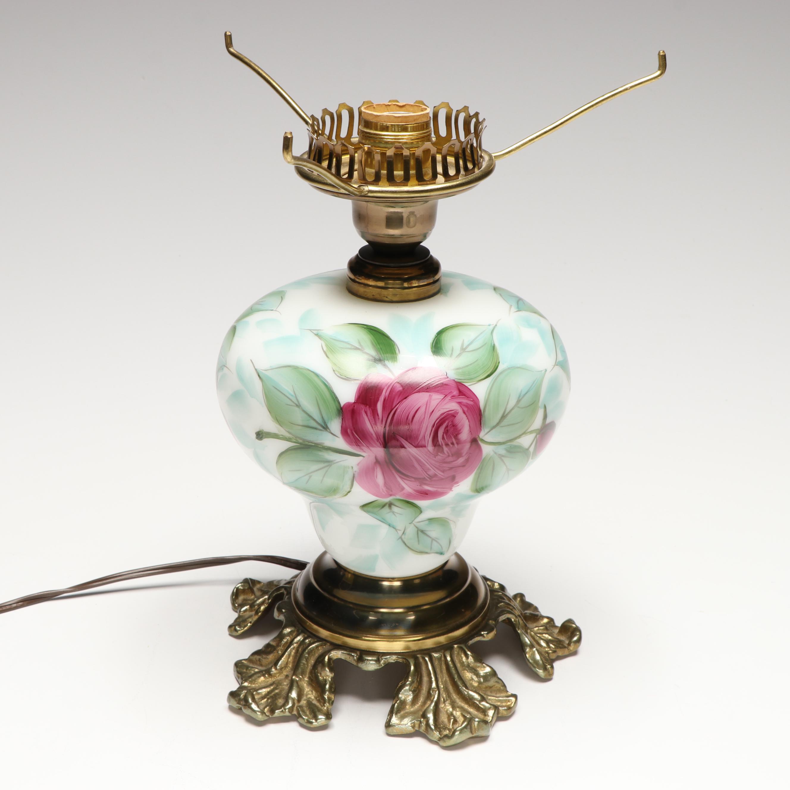 Victorian Style Hand-Painted Roses Milk Glass Parlor Lamp