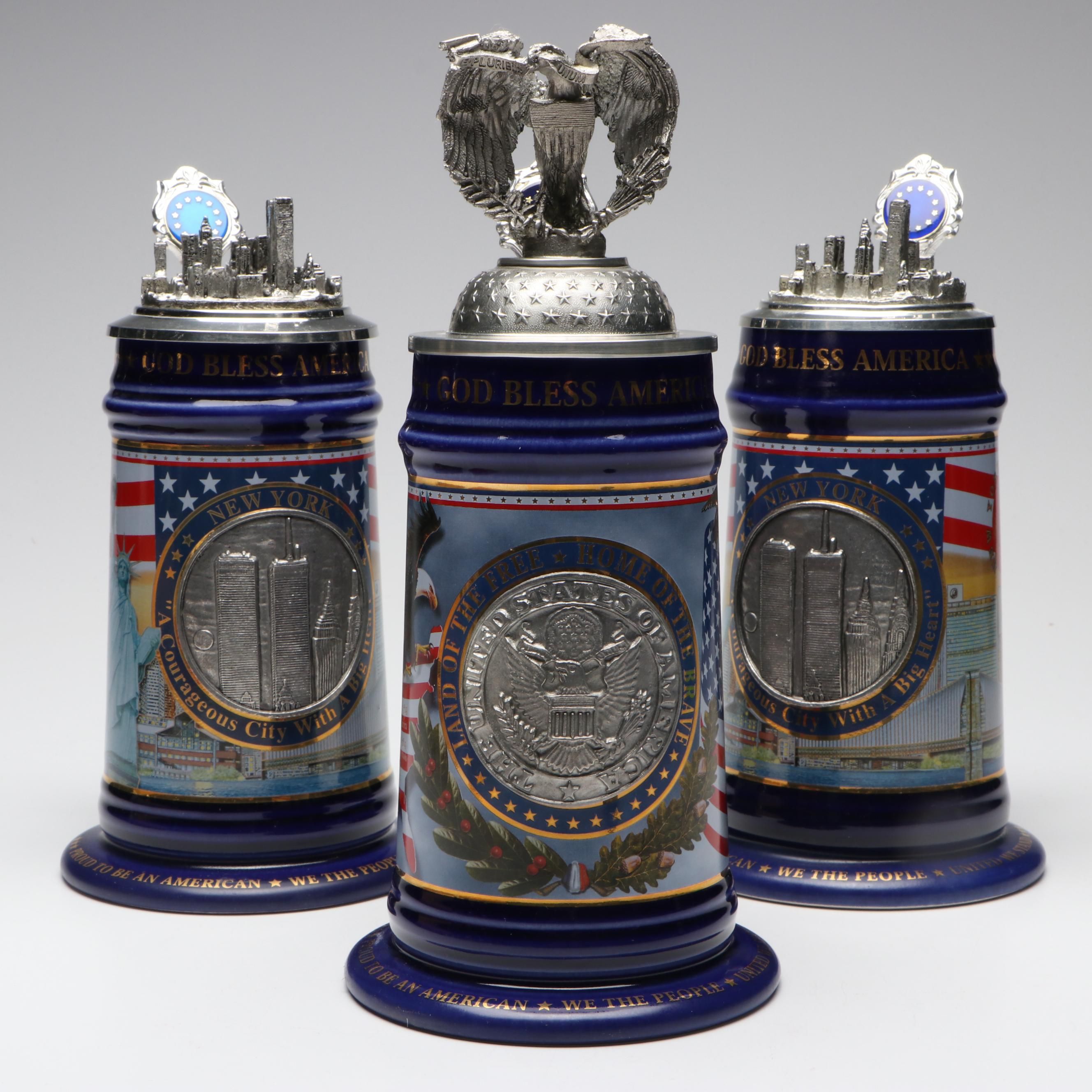 Patriotic American and World Trade Center Pewter Lid Ceramic Beer Steins