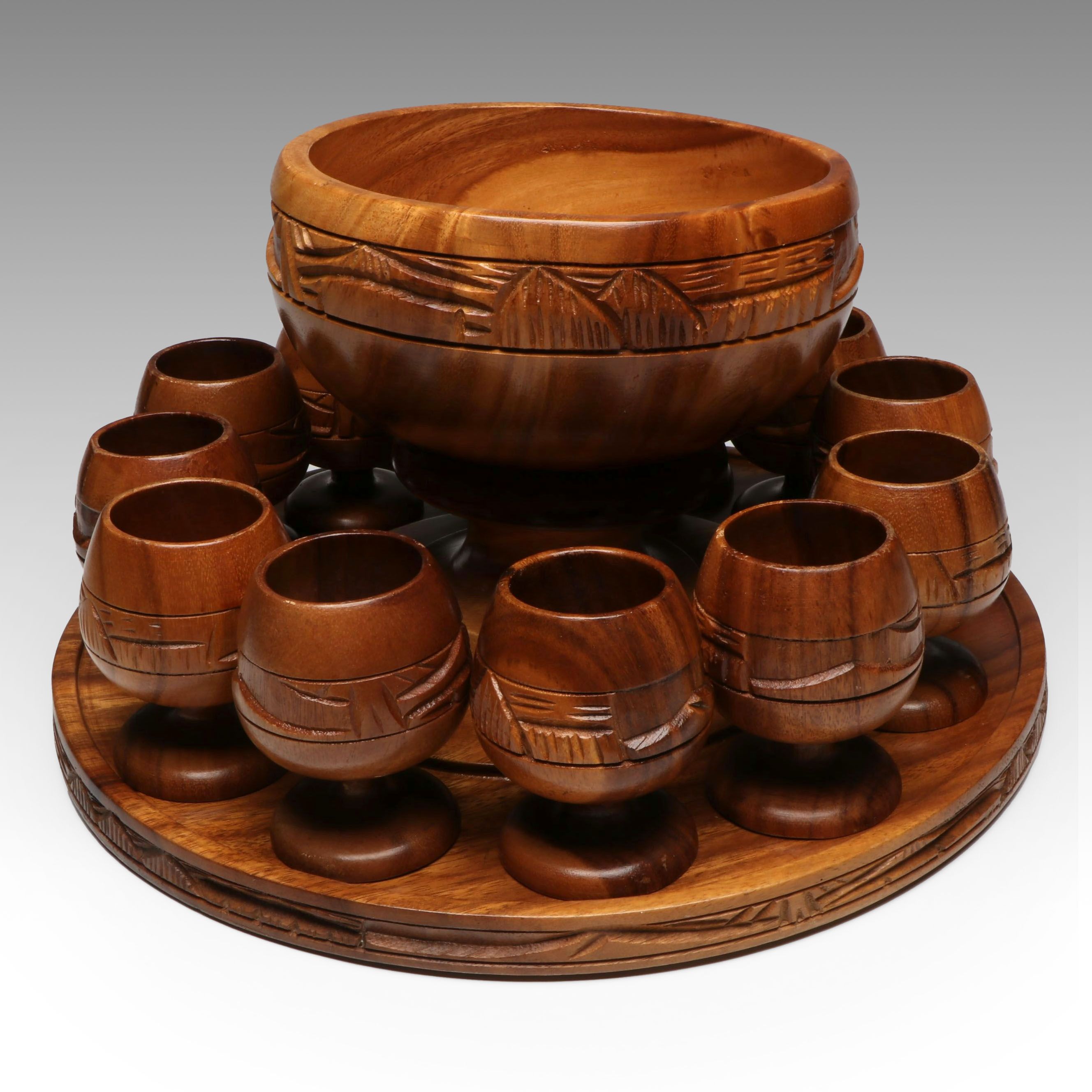 Hand-Carved Monkeypod Wood Punch Bowl with Tray and Goblets