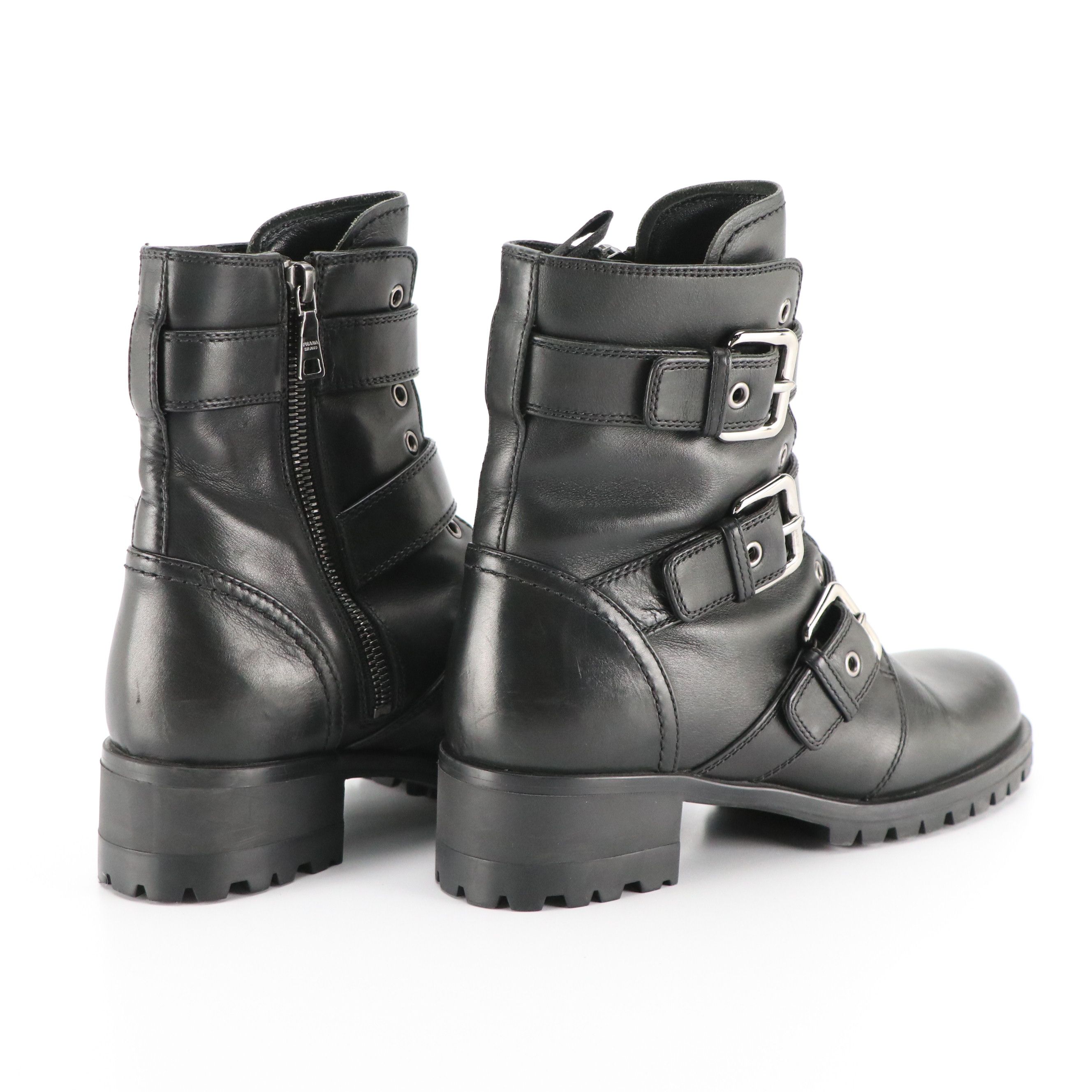 Prada Buckle Strap Biker Boots in Black Leather