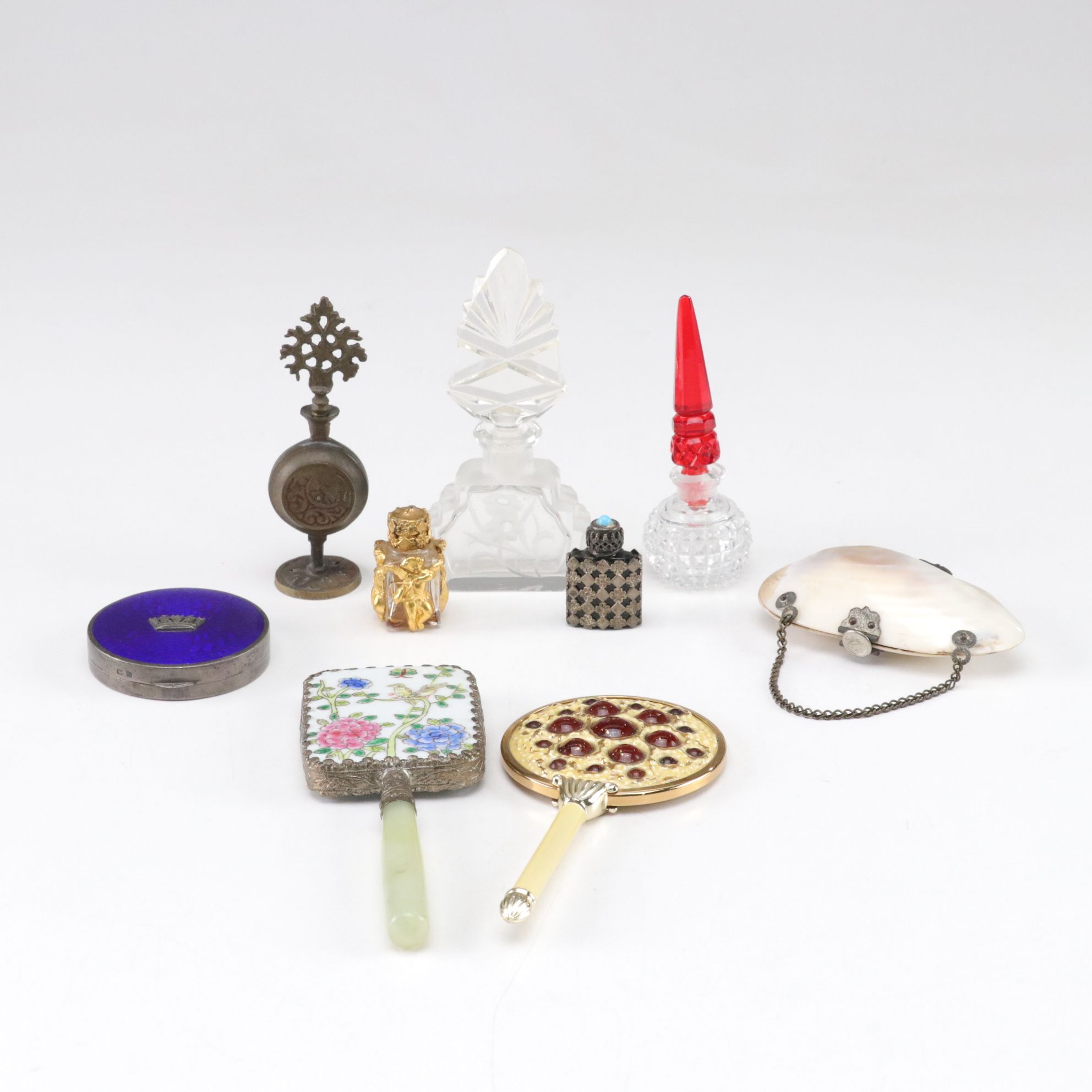 Crystal and Glass Perfume Bottles with Cosmetic Containers and Compact Mirrors