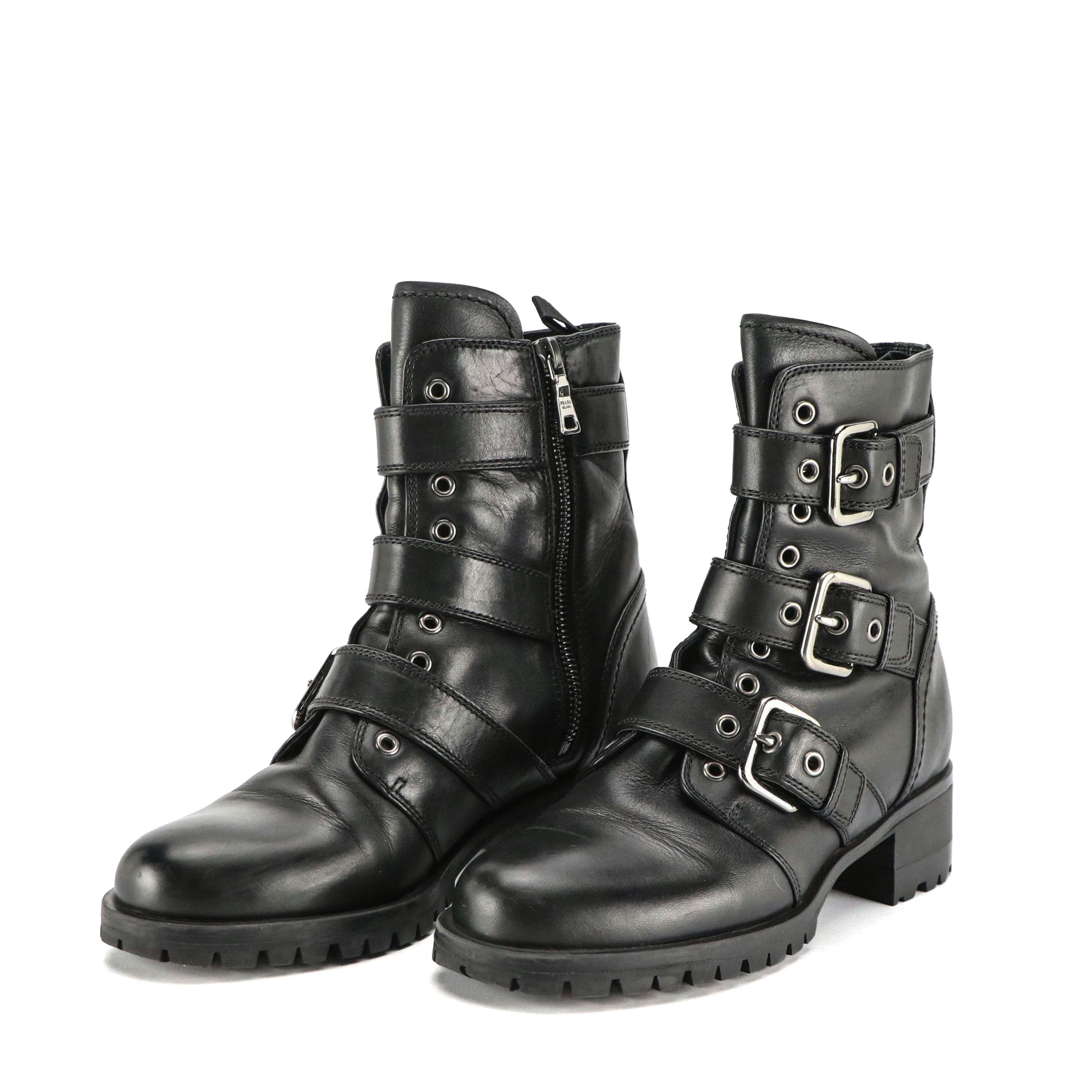 Prada Buckle Strap Biker Boots in Black Leather