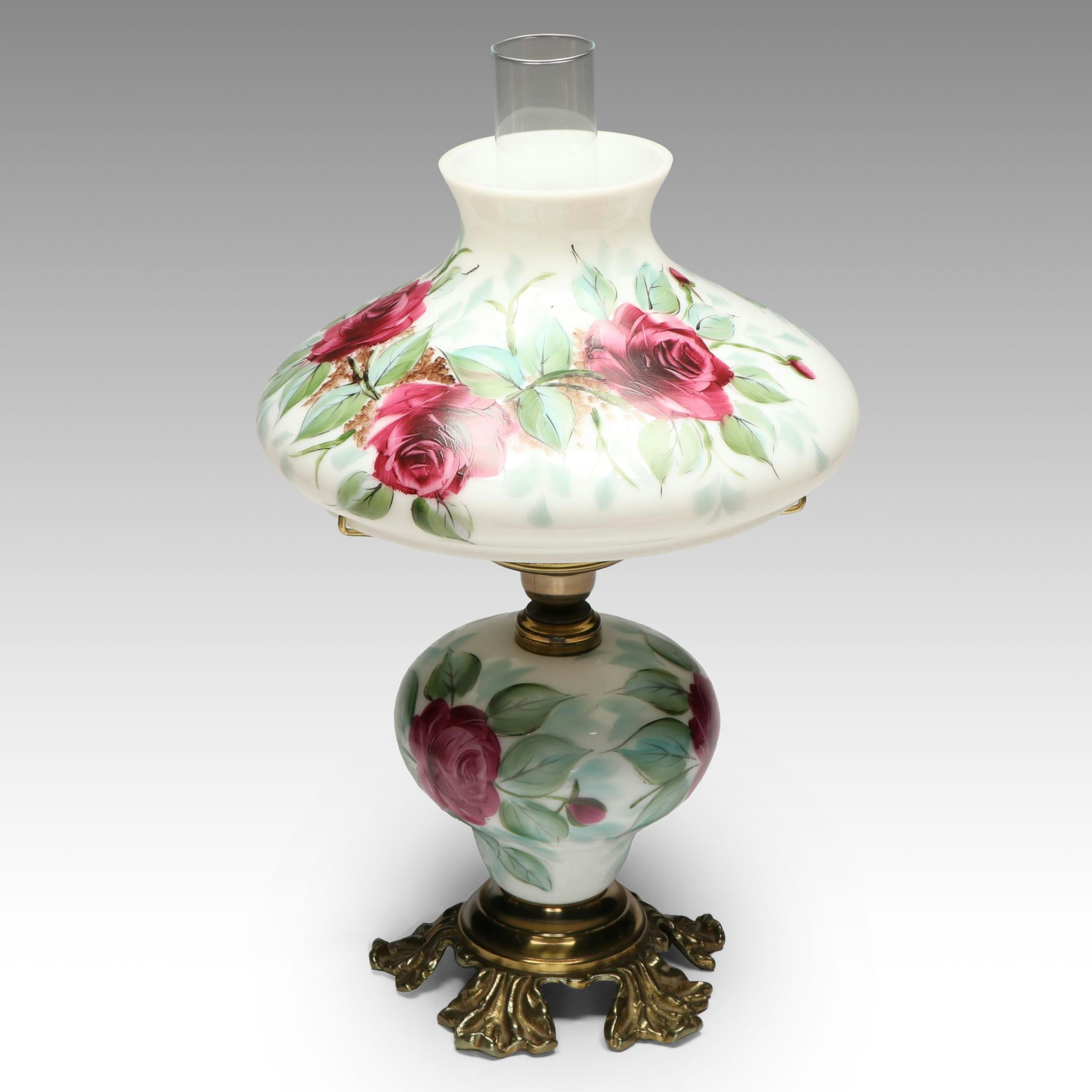 Victorian Style Hand-Painted Roses Milk Glass Parlor Lamp