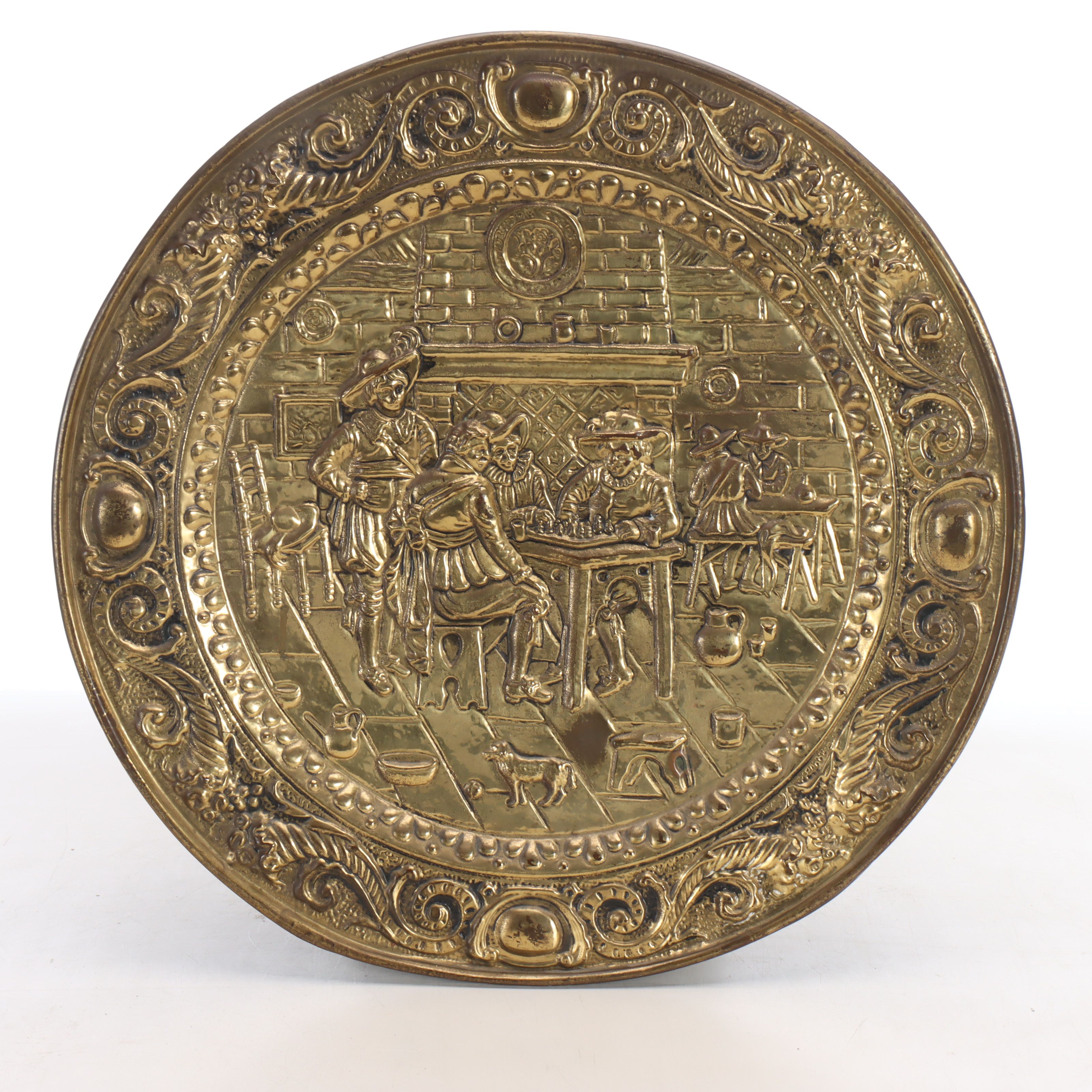 Genre Scene English Brass Finish Repoussé Wall Charger, Mid to Late 20th Century